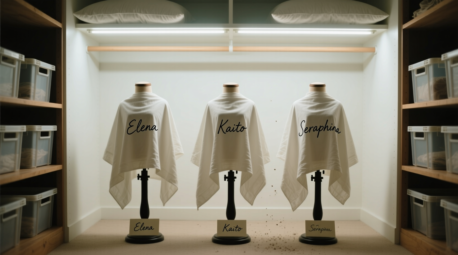 A white rigid-bottomed laundry basket lined with folded cotton towels, holding three colorful curly cosplay wigs coiled crown-down in neat vertical nests, covered lightly with a gauzy cotton sheet—no visible flattening, no hanging straps or external supports