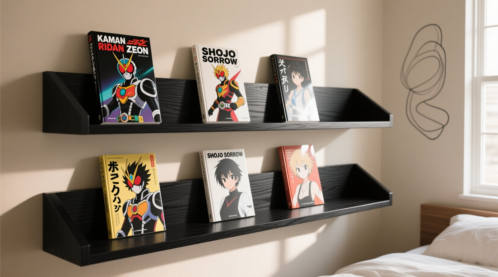 Side-view diagram showing three anime art books upright on a shelf, each separated by 1.5 cm, supported at base and top by beige acid-free foam cradles, with a microfiber dust sleeve draped loosely over the top book only