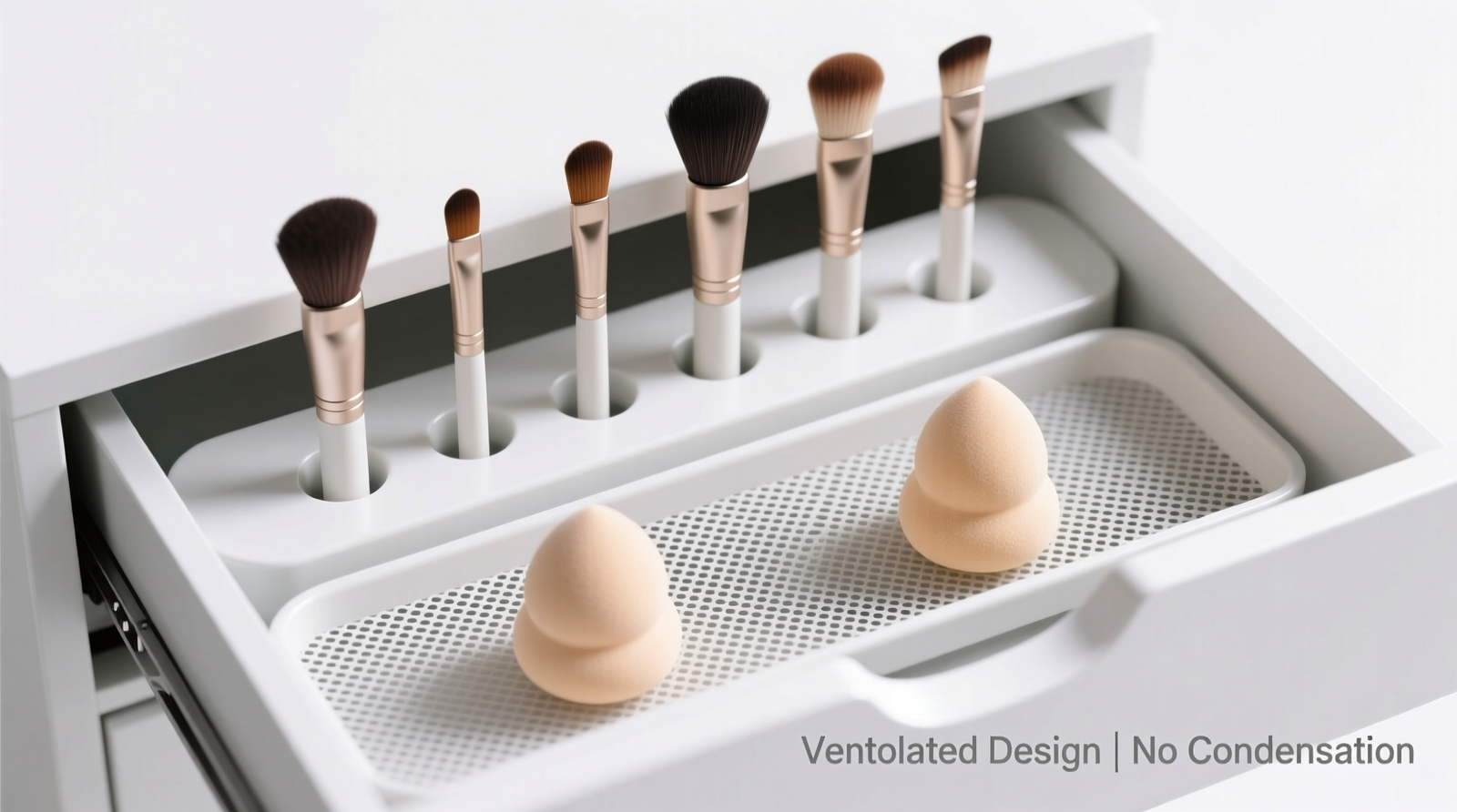 Top-down view of a shallow bamboo brush tray inside a closet drawer, each slot holding a clean beauty brush upright with visible ferrule support and no bristle contact; microfiber liner visible beneath, and a small silica gel packet tucked discreetly in the drawer's rear corner