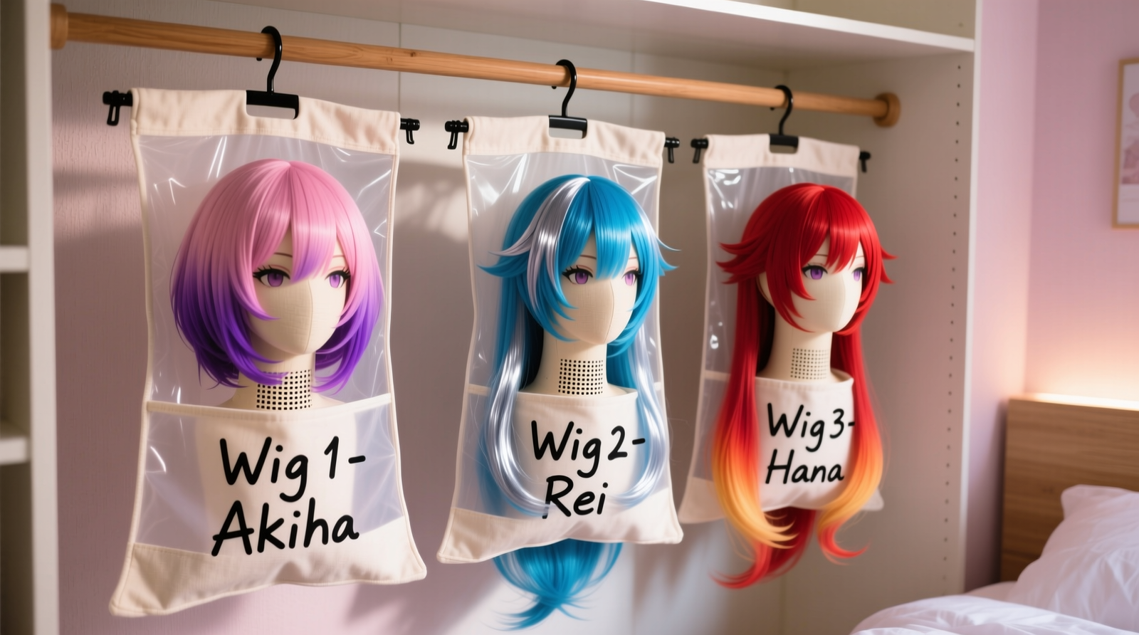Three anime cosplay wigs mounted on padded, ventilated wig stands inside labeled, opaque cotton garment bags hanging vertically on a closet rod—no visible light exposure, ambient room lighting soft and indirect