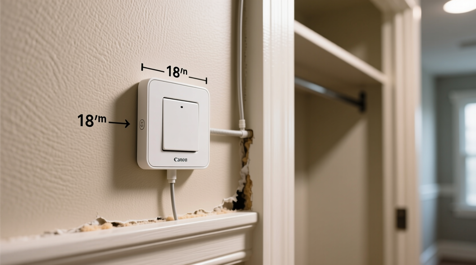 Close-up photo showing a sleek white smart thermostat sensor mounted flush on beige drywall, positioned 18 inches left of a closet door frame, with a discreet 1/8-inch cable routed vertically into baseboard molding—no visible insulation disturbance or wall damage.