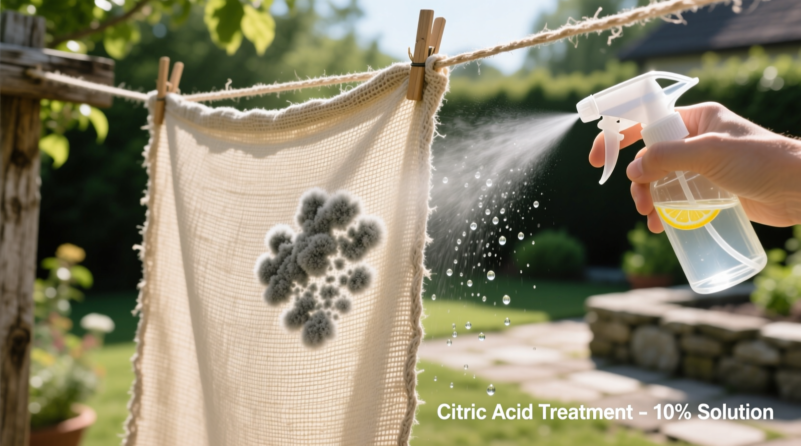 A hemp shower curtain hung taut on an outdoor line, with close-up inset showing citric acid solution being applied to a grayish mildew patch using a fine-mist spray bottle under bright midday sunlight