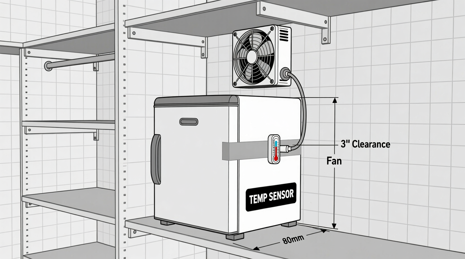 Side-view schematic of a walk-in closet showing a compact skincare fridge mounted on an open metal shelf, with 3-inch clearance behind, a small 80mm fan mounted above and angled downward toward the fridge's rear vent, and a temperature sensor probe taped to the fridge's exterior casing.