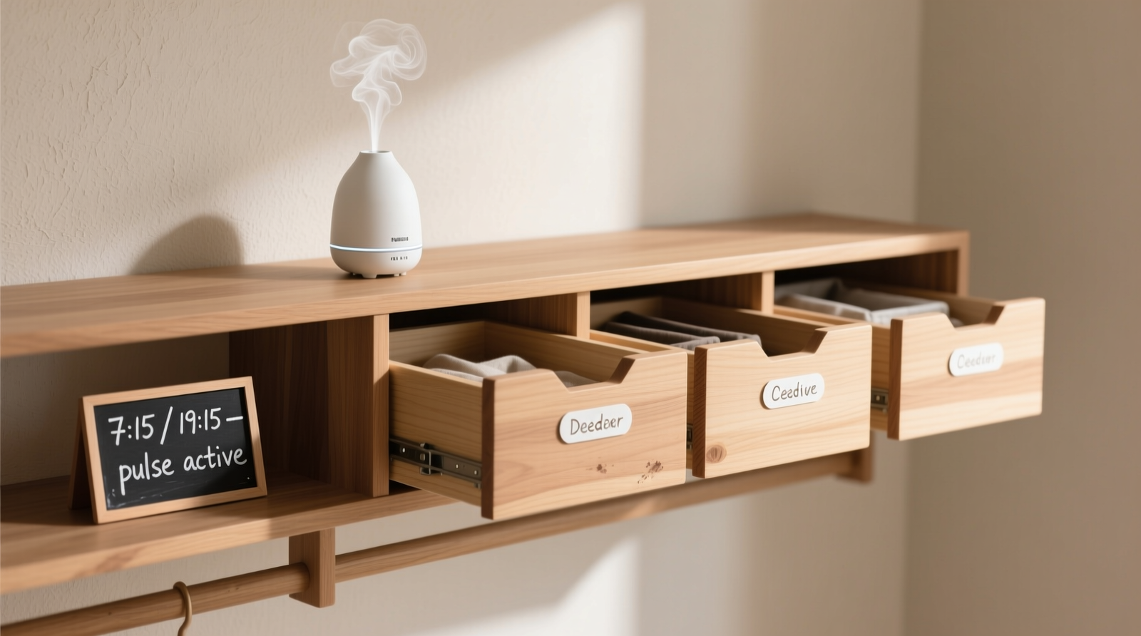 A minimalist closet with labeled cedar drawers, a compact ultrasonic diffuser mounted discreetly on the top shelf, and a small chalkboard tag showing '7:15 / 19:15 — pulse active'