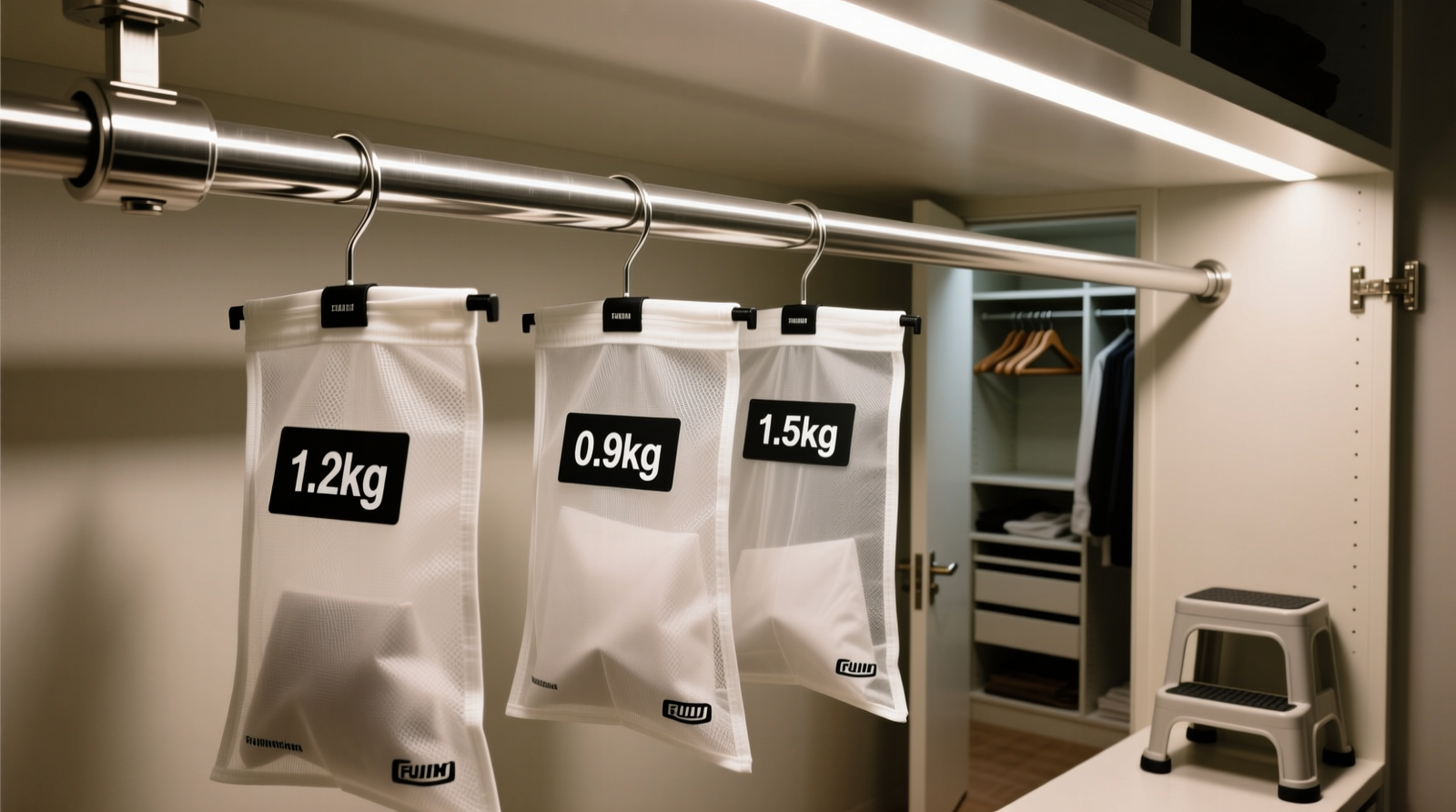 Close-up of a stainless steel retractable ceiling rod fully extended, holding three lightweight garment bags with visible weight tags; step stool positioned neatly beside open closet door