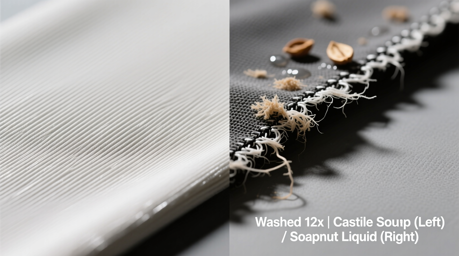 Side-by-side macro photography of nylon-spandex fabric swatches: left washed 12x with castile soap showing uniform fiber alignment and sheen; right washed 12x with soapnut liquid showing pilling, matte surface, and visible fiber fraying at seam edges
