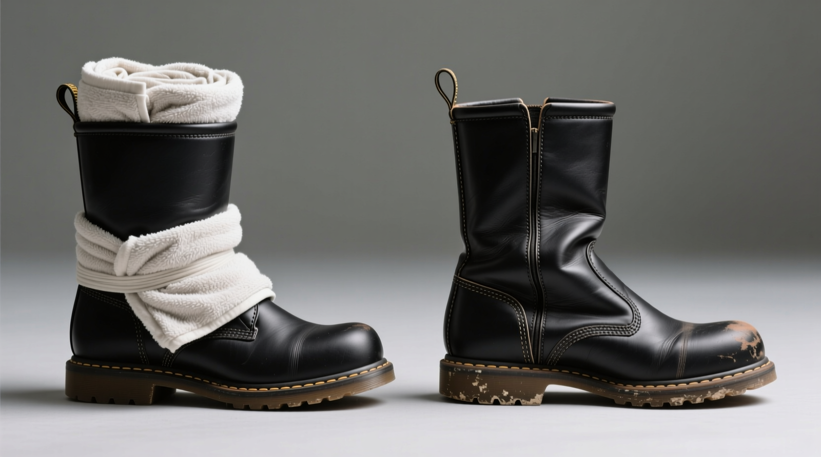 Side-by-side comparison: left boot with tightly rolled cotton towel filling entire shaft to just below cuff; right boot with sagging heel and visible crease line where unsupported