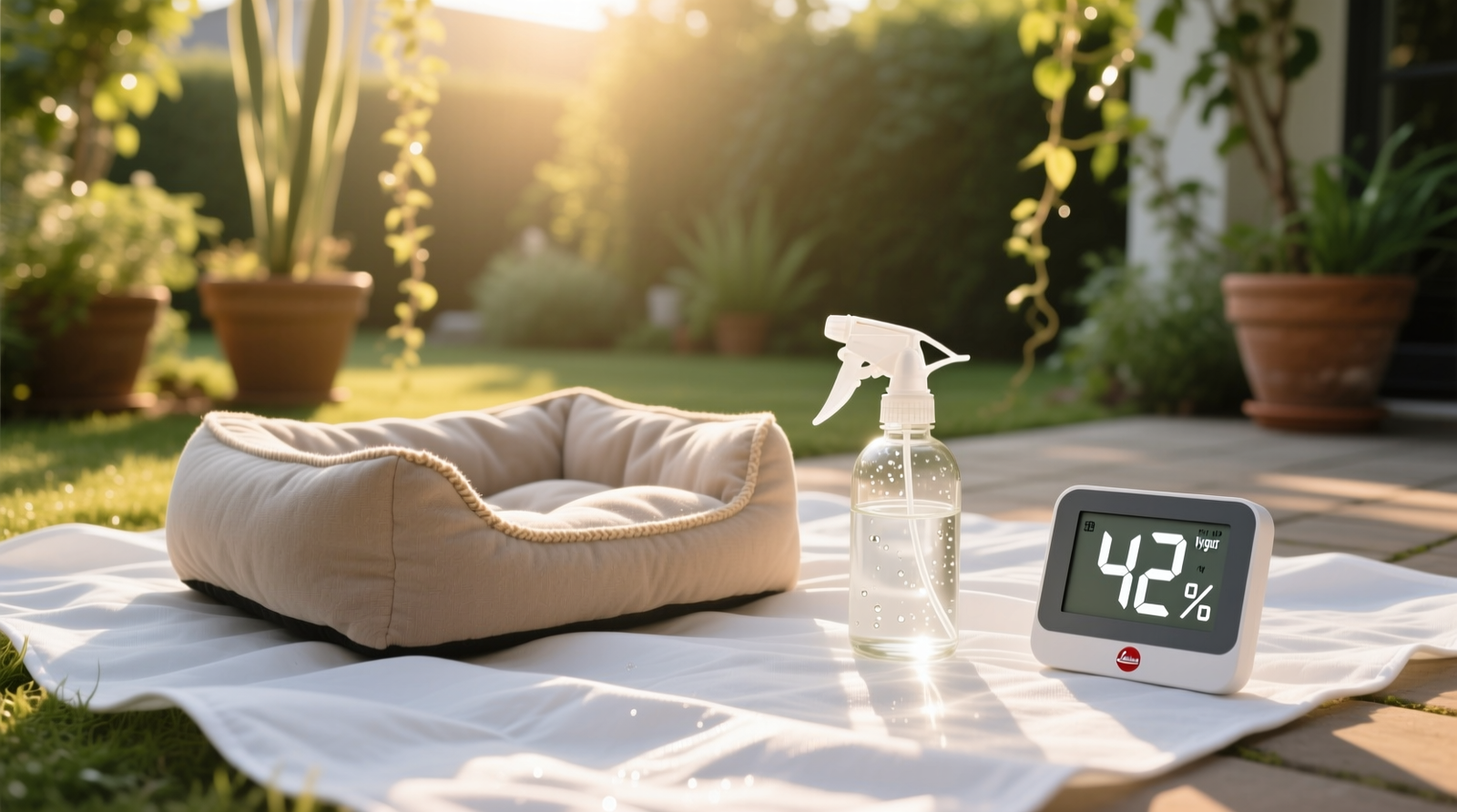 A sunlit outdoor patio showing a pet bed laid flat on a white tarp, with a glass spray bottle nearby and a digital hygrometer reading 42% humidity beside it