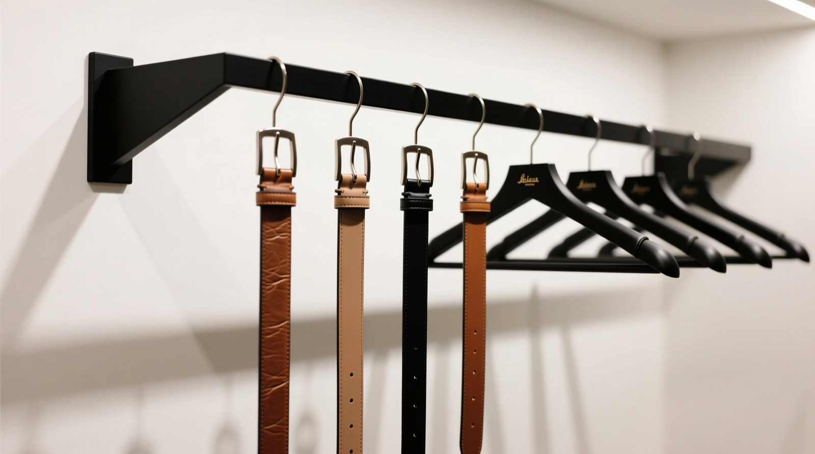 A minimalist closet section showing six high-quality leather belts hanging vertically on a matte-black, angled strap holder mounted beside a row of slim, padded suit hangers—no belts visible on hangers, clean sightlines, consistent spacing
