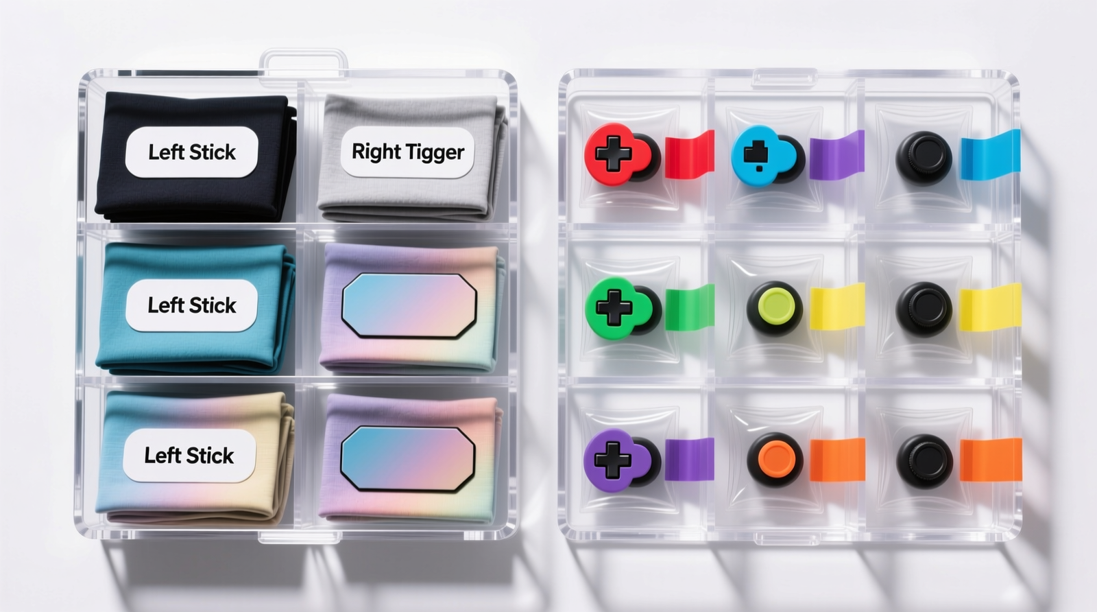 A clean, minimalist wall-mounted setup beside a closet: floating shelf holds a Nintendo Switch dock and two Joy-Cons; below, a white pegboard displays labeled slots for PS5 DualSense controllers, Xbox wireless headsets, and coiled cables secured with blue, green, and yellow fabric velcro straps; all cables descend vertically into a ventilated acrylic base tray with labeled grommets.