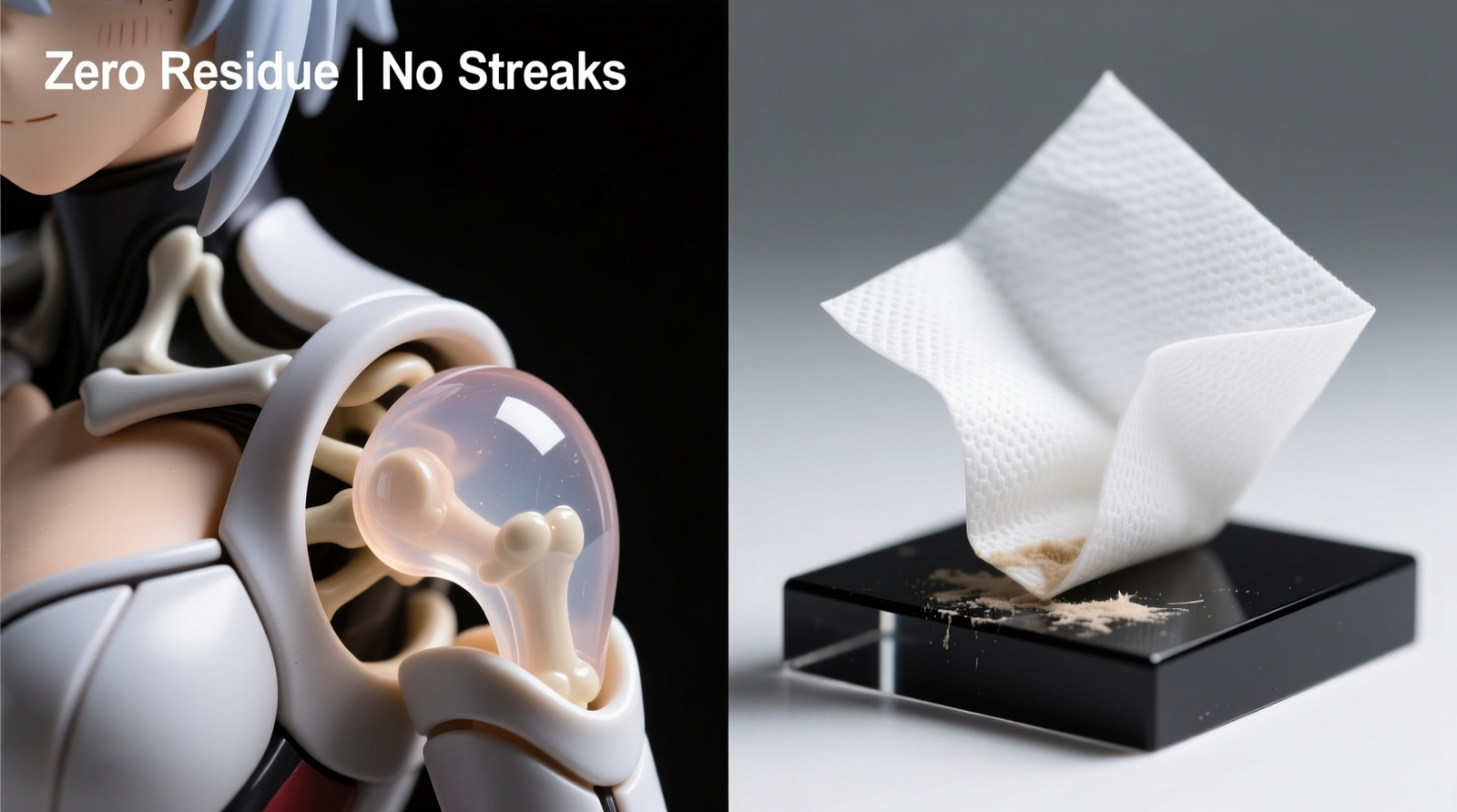 Side-by-side macro photography: left—silicone putty lifted cleanly from a detailed anime figure’s shoulder joint, showing zero residue or pigment transfer; right—a compostable cellulose wipe folded into precise corners, removing smudges from a black acrylic display stand without streaking