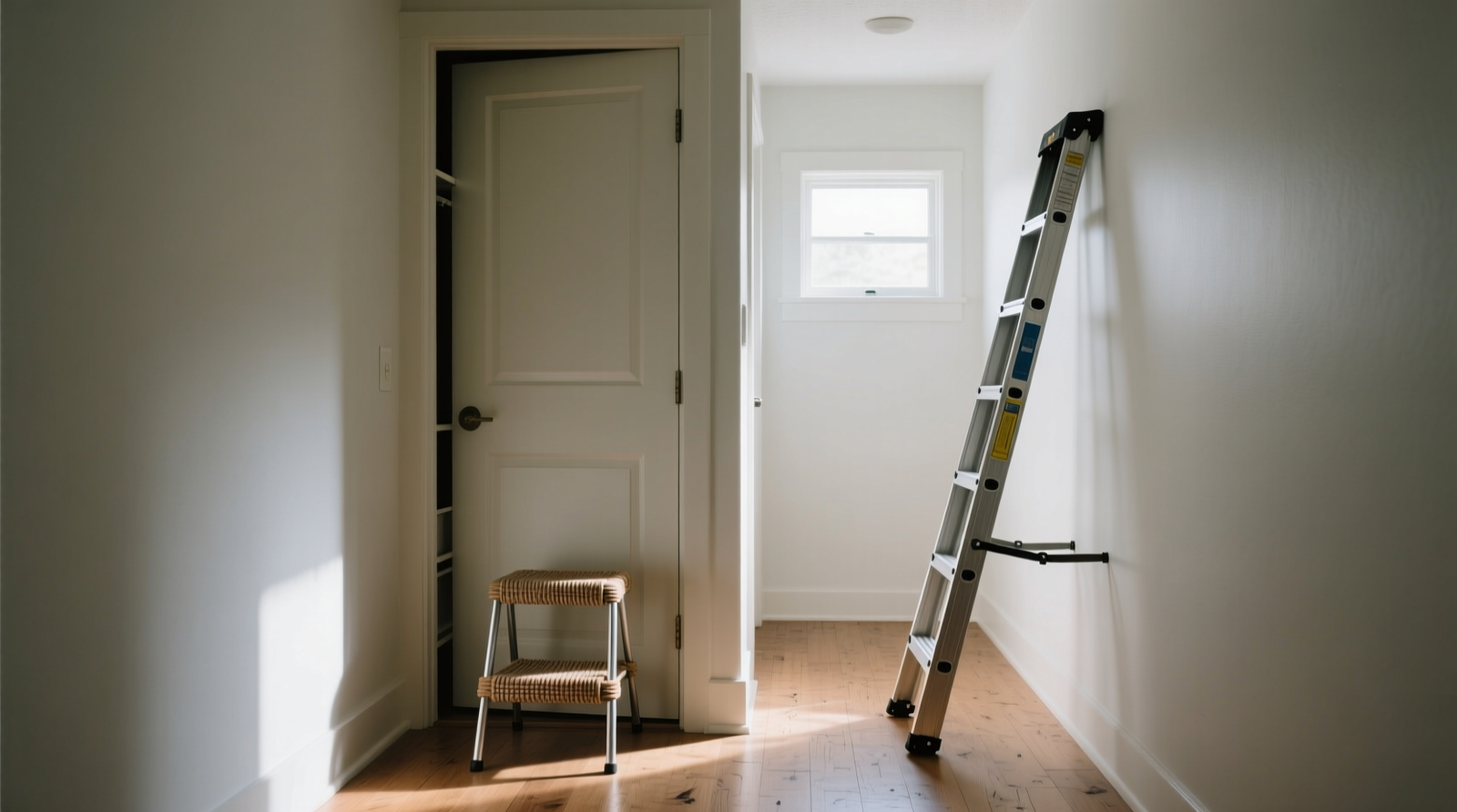 Side-by-side photo showing a slim, fabric-wrapped foldable step stool fully concealed behind a closed interior closet door, next to a telescoping ladder leaning awkwardly in a narrow hallway