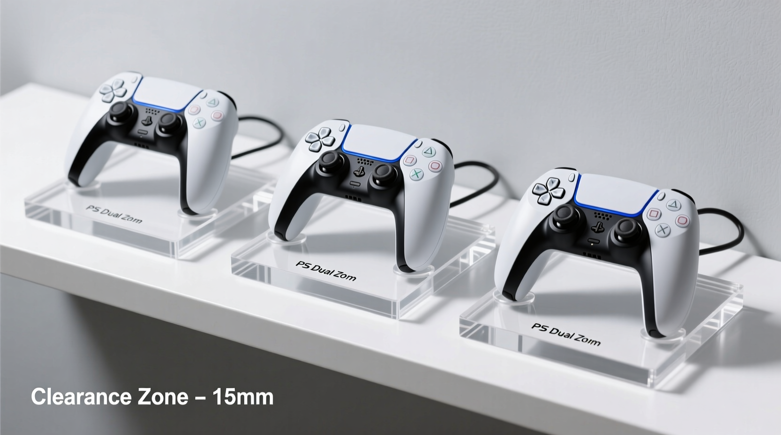 Top-down view of three PS5 DualSense controllers resting flat in custom acrylic cradles, each elevated 14 mm above shelf surface, with labeled clearance zones and zero cable contact