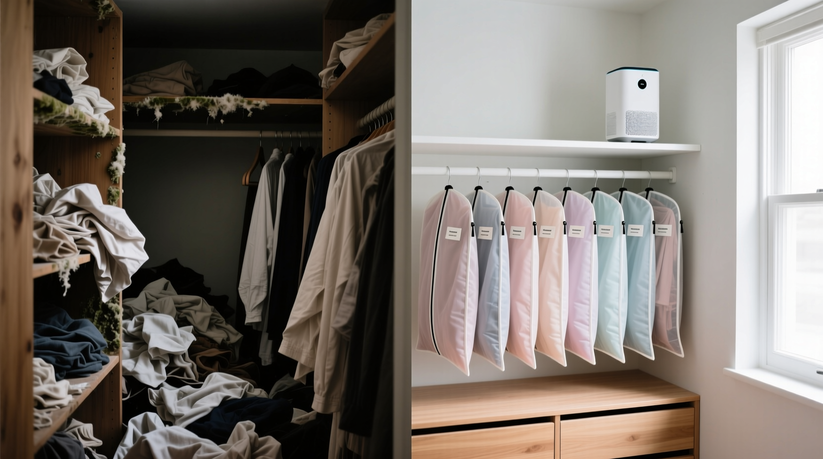 Side-by-side comparison: a cluttered closet with visible fabric wrinkles and musty shadows versus an organized closet with labeled, breathable garment bags, a compact air purifier mounted on a shelf at eye level, and no visible dust or discoloration on wood surfaces