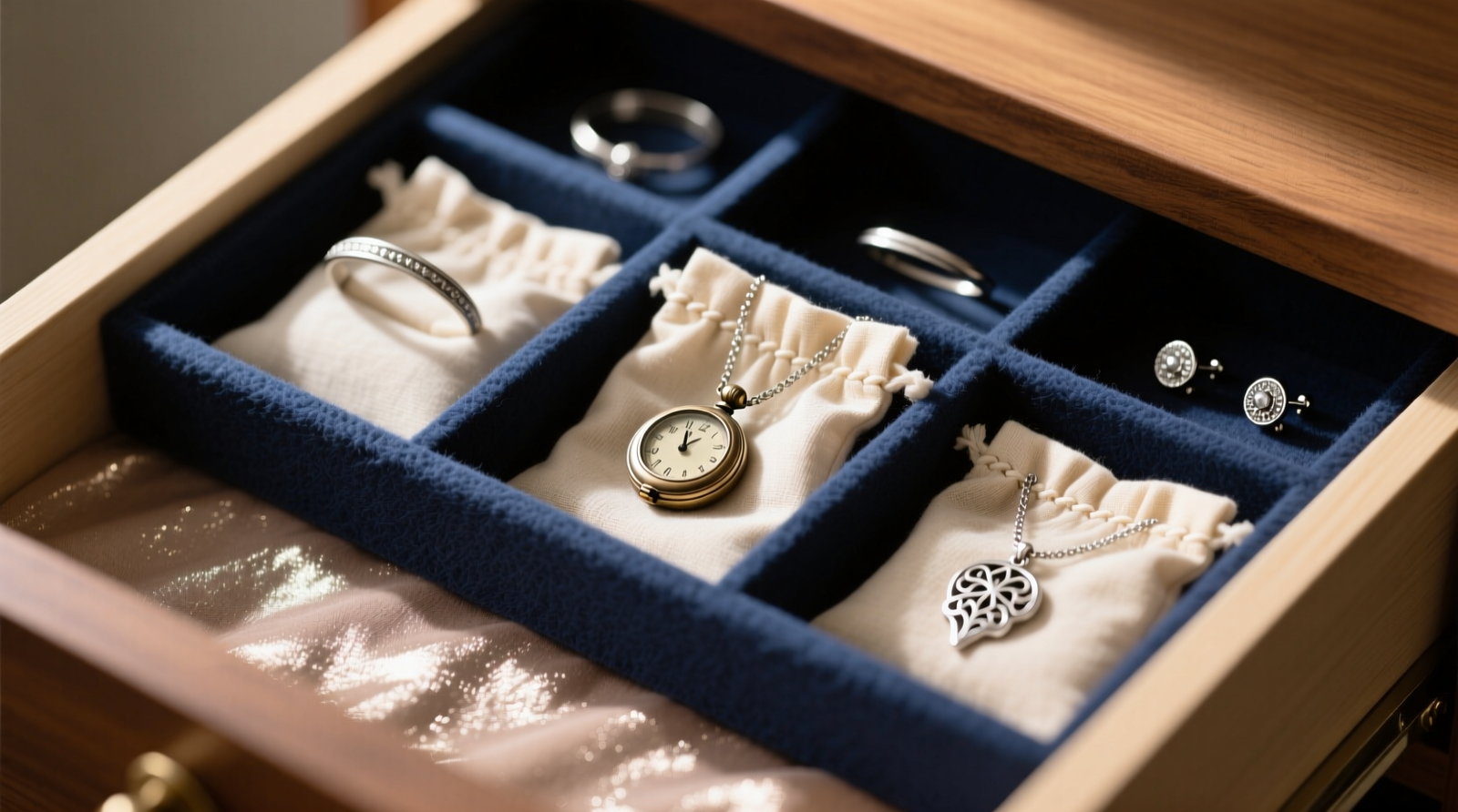 Close-up of a well-organized jewelry drawer showing layered protection: tarnish-inhibiting fabric base, precisely cut polyester felt dividers, and individual silver pieces nestled in unbleached cotton pouches