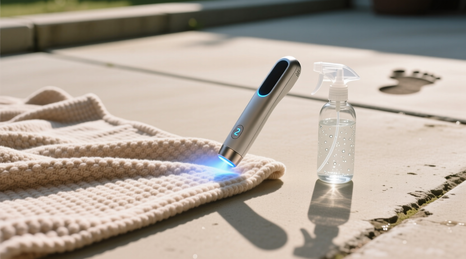 A soft organic cotton baby blanket laid flat on a clean concrete patio under bright daylight, with a handheld UV-C wand hovering 2 cm above one corner and a fine-mist spray bottle nearby containing clear liquid