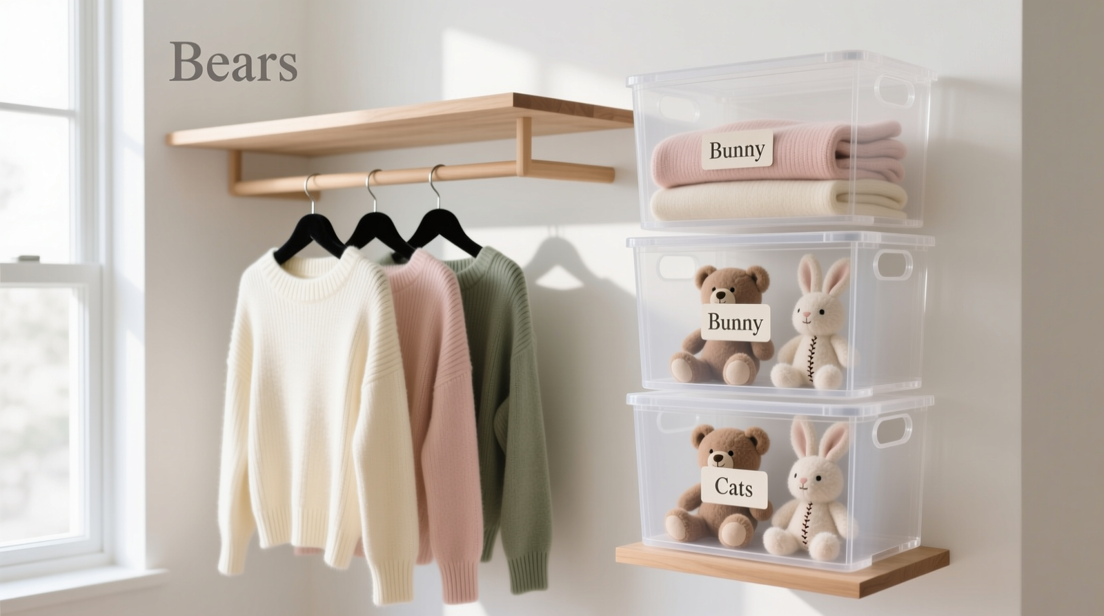 A clean, light-filled closet showing slim velvet hangers holding folded knit sweaters on one side, and three uniform, translucent stacking bins with soft plush figures visible behind clear fronts on the opposite side—each bin labeled in tidy serif font.