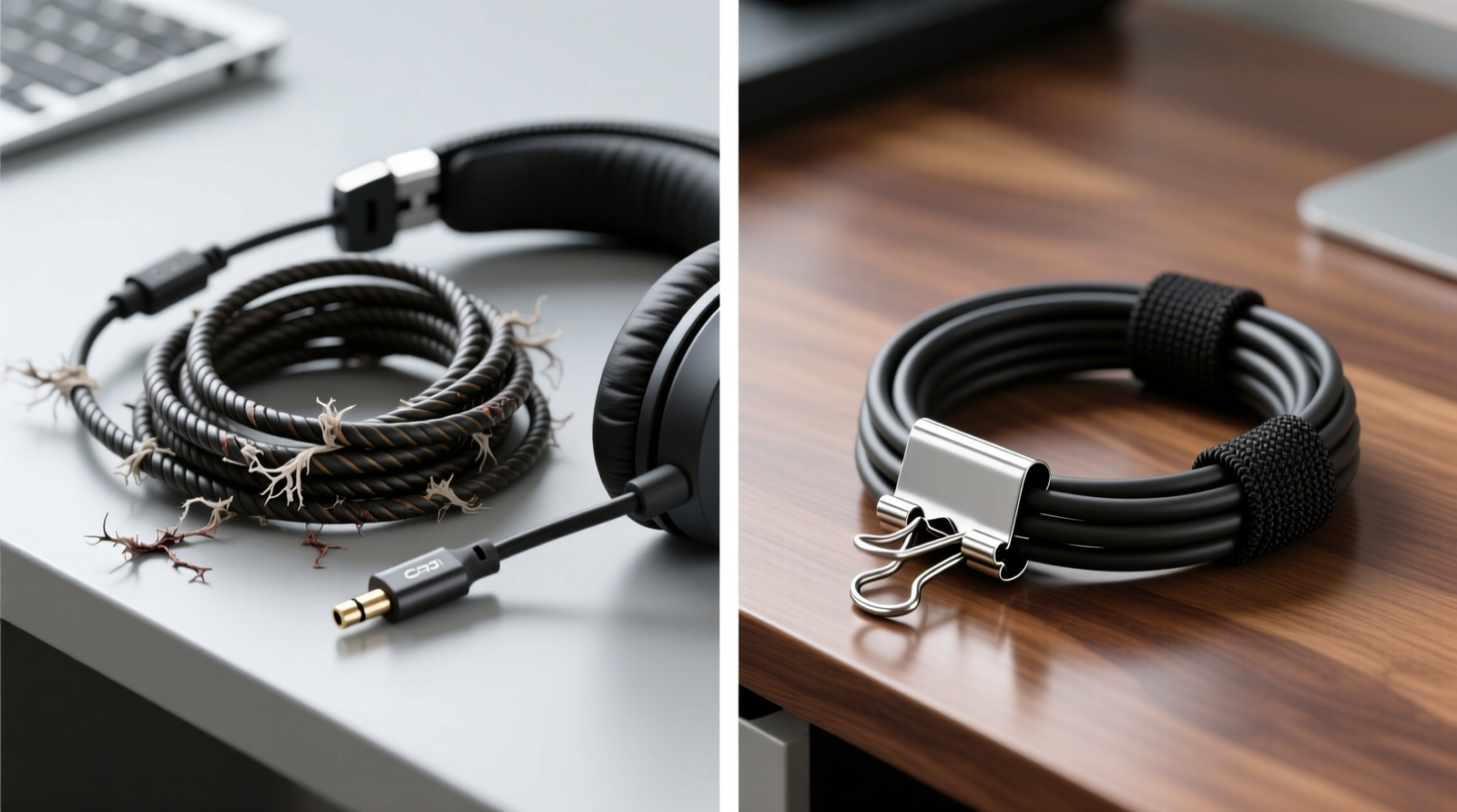 Side-by-side comparison: left shows a tightly wound gaming headset cable with visible kink marks and twisted insulation; right shows the same cable coiled using a silver metal binder clip at the base and secured with a black fabric cord wrap, lying flat and smooth on a walnut desktop