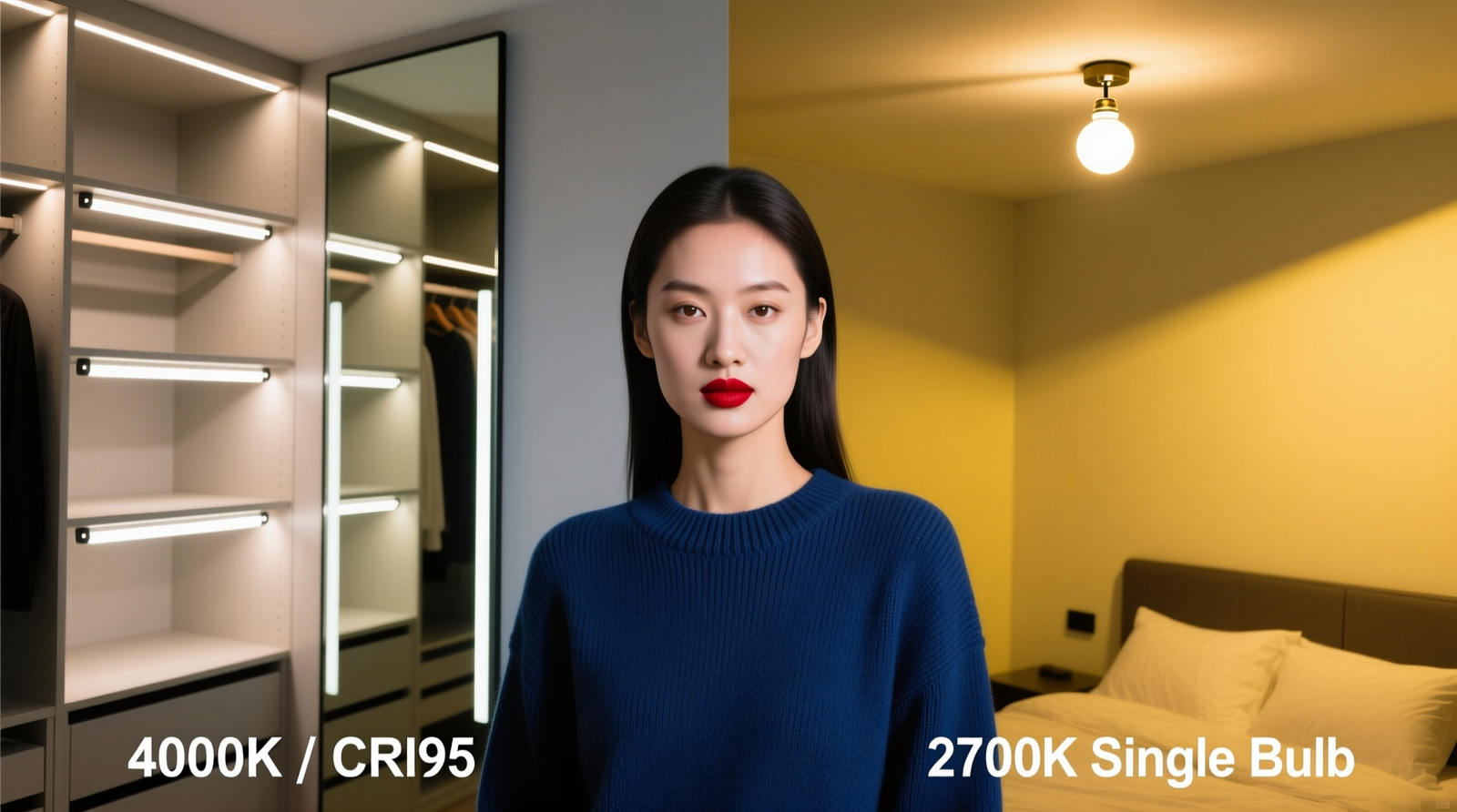 Side-by-side comparison showing correct 4000K/CRI95 layered closet lighting versus common single-bulb warm-white setup, highlighting reduced facial shadows and truer lipstick and sweater color rendering