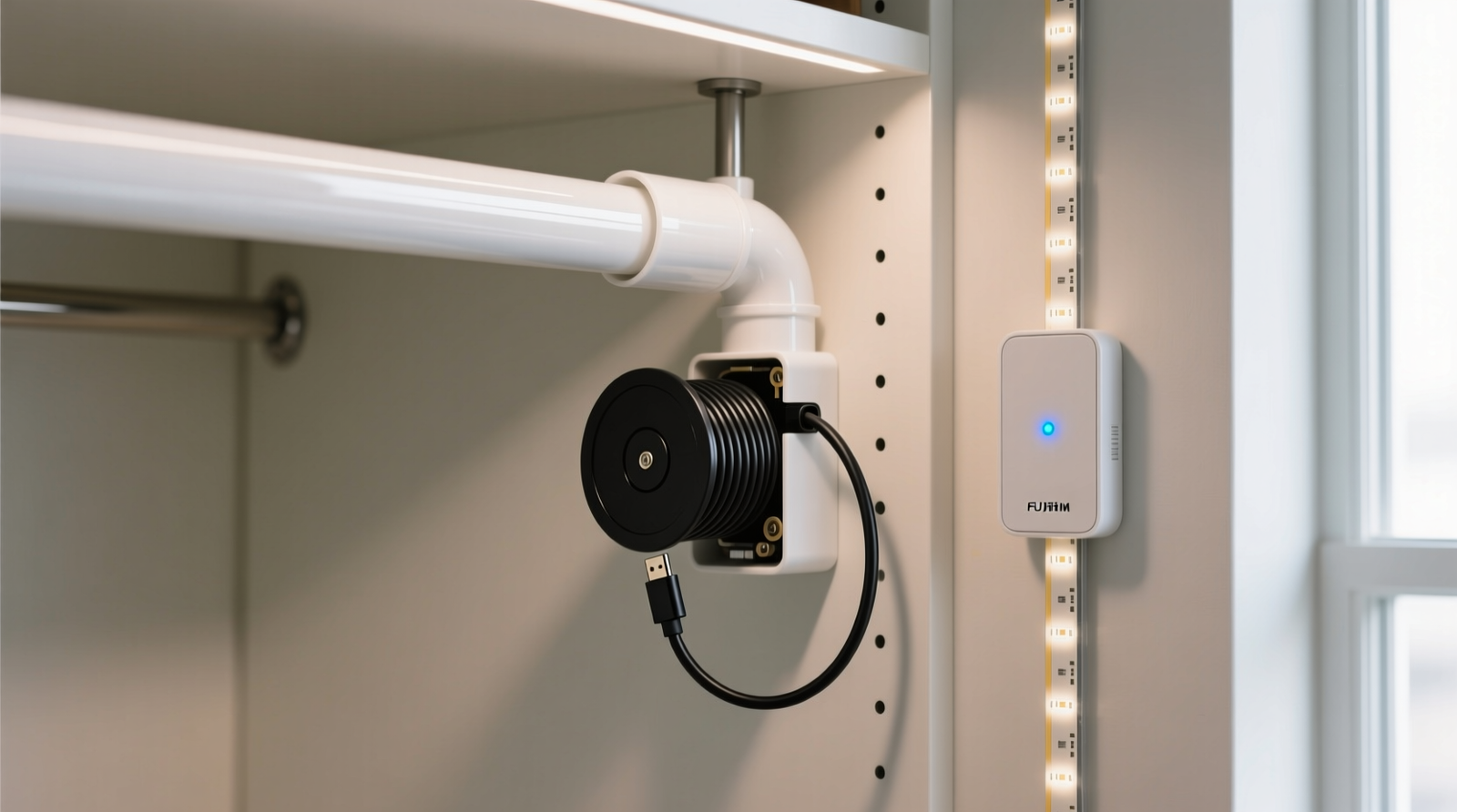 Close-up of white PVC raceway mounted vertically along closet interior side panel, with black magnetic cord reel visible at its open base; a single USB-C cable extends neatly from reel to nearby smart LED strip controller