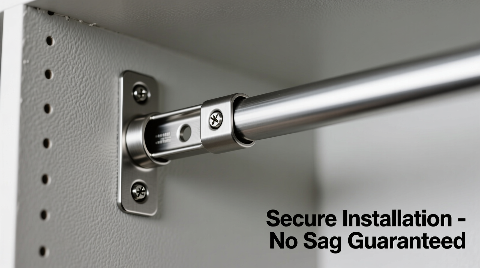 Close-up photo showing a properly installed center support bracket on a closet rod, with a steel L-bracket securely screwed into a wall stud, rod resting evenly in its cradle, and no visible sag