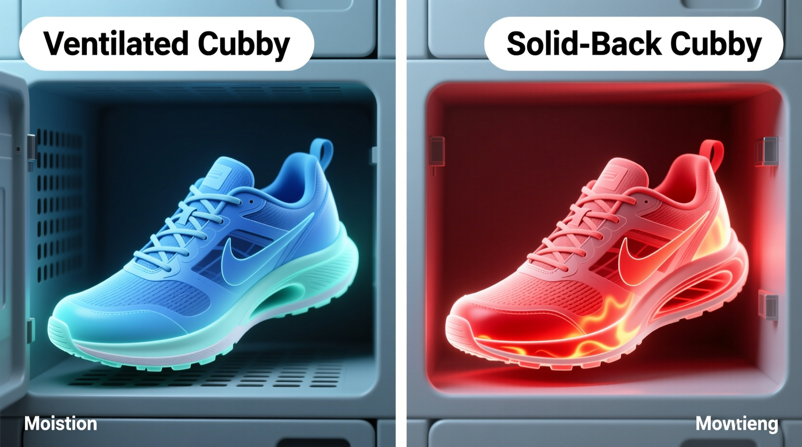 Side-by-side comparison showing moisture maps of an athletic shoe in a ventilated cubby (cool blue gradient across sole and heel) versus same shoe in a solid-back cubby (hot red concentration in midsole and tongue)