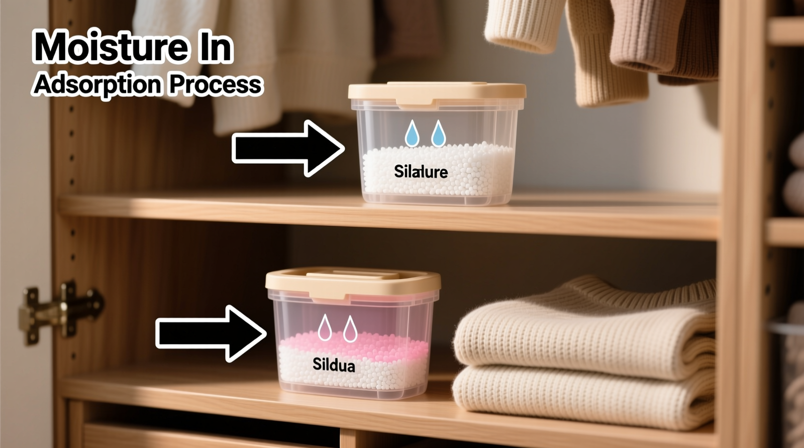 Two beige silica gel dehumidifier canisters placed strategically: one on top shelf near hanging garments, one on bottom shelf beside folded sweaters, with labeled arrows showing bidirectional moisture adsorption into granules