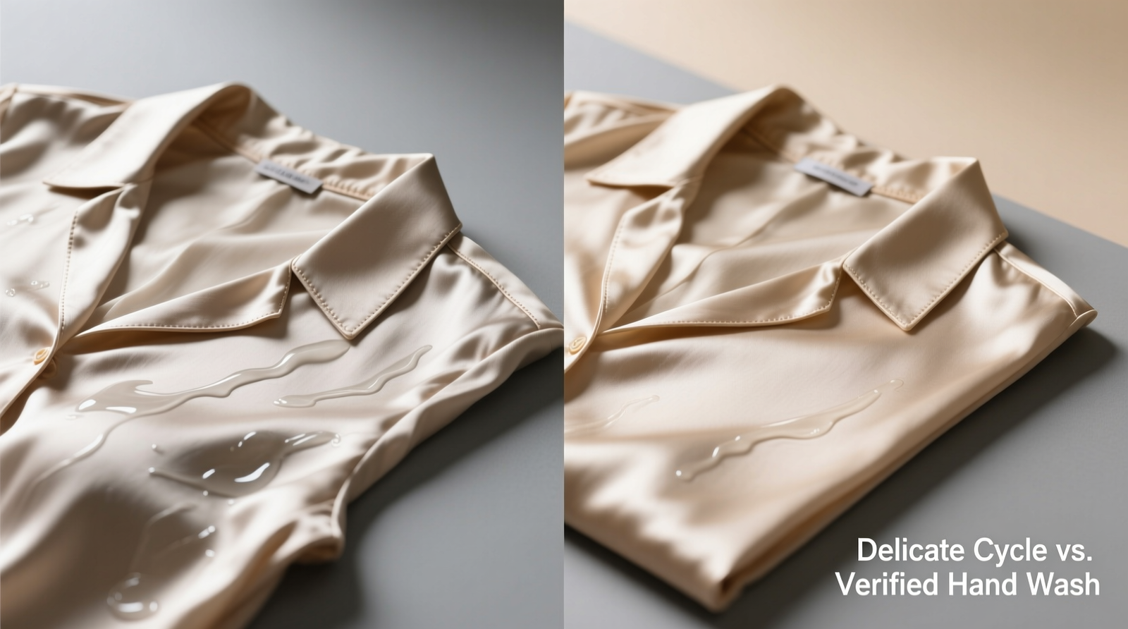 Side-by-side comparison showing silk blouse washed on delicate cycle (visible seam distortion and subtle sheen loss) versus same blouse washed on verified hand wash cycle (intact seams, uniform luster, no deformation)