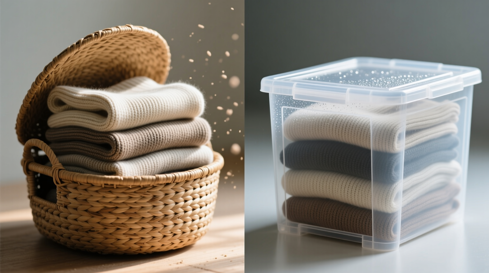 Side-by-side comparison: neatly folded sweaters in open seagrass basket with visible air gaps between layers versus identical sweaters compressed inside sealed acrylic bin with condensation faintly visible on interior walls