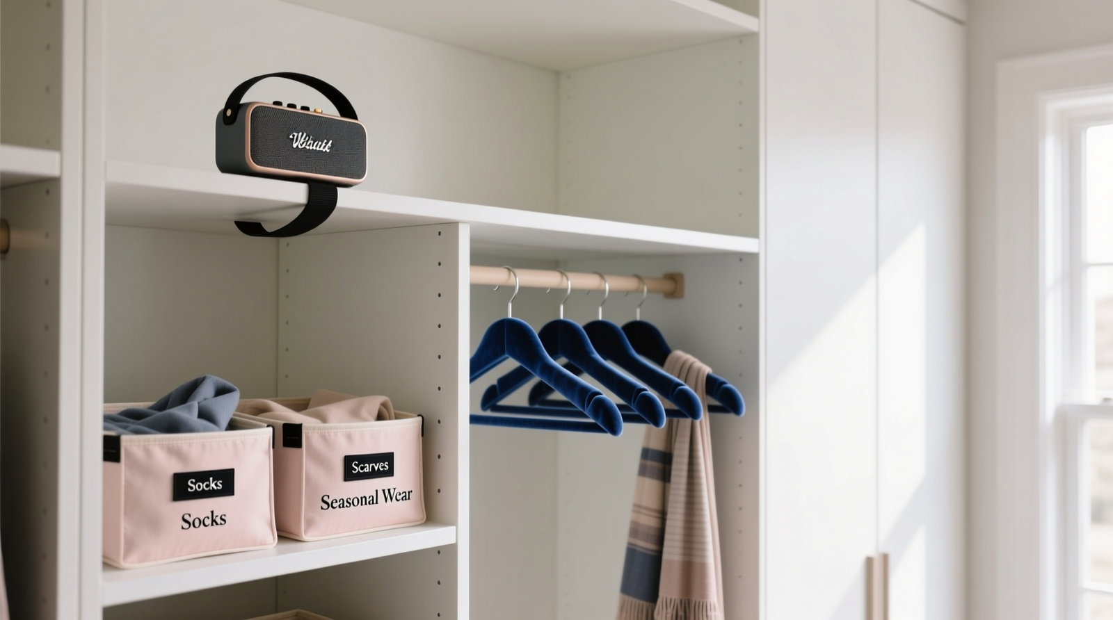 A minimalist walk-in closet with matte-finish white cabinetry, uniform velvet hangers, labeled fabric bins on open shelves, and a compact portable speaker secured with black Velcro strap on the topmost shelf—no visible wires, no recessed panels.