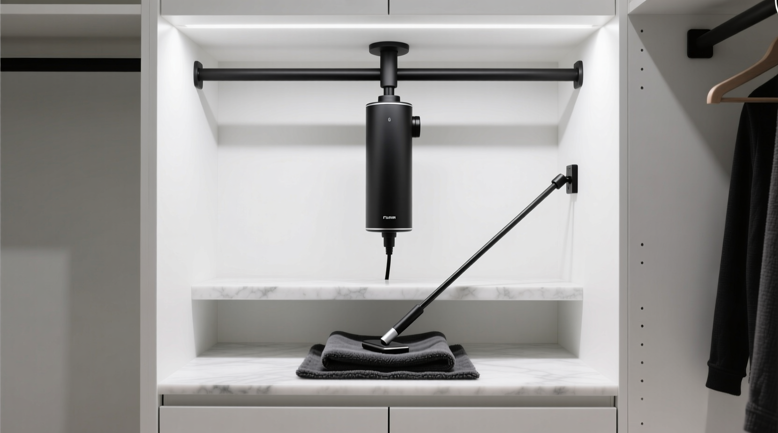 Close-up of a minimalist white closet vanity nook showing a sleek matte-black garment steamer mounted vertically on the wall above a floating marble shelf, with a discreet black conduit descending into a recessed cabinet below, and a slim magnetic wand docked at a precise 12-degree downward angle over a folded charcoal microfiber drip pad.