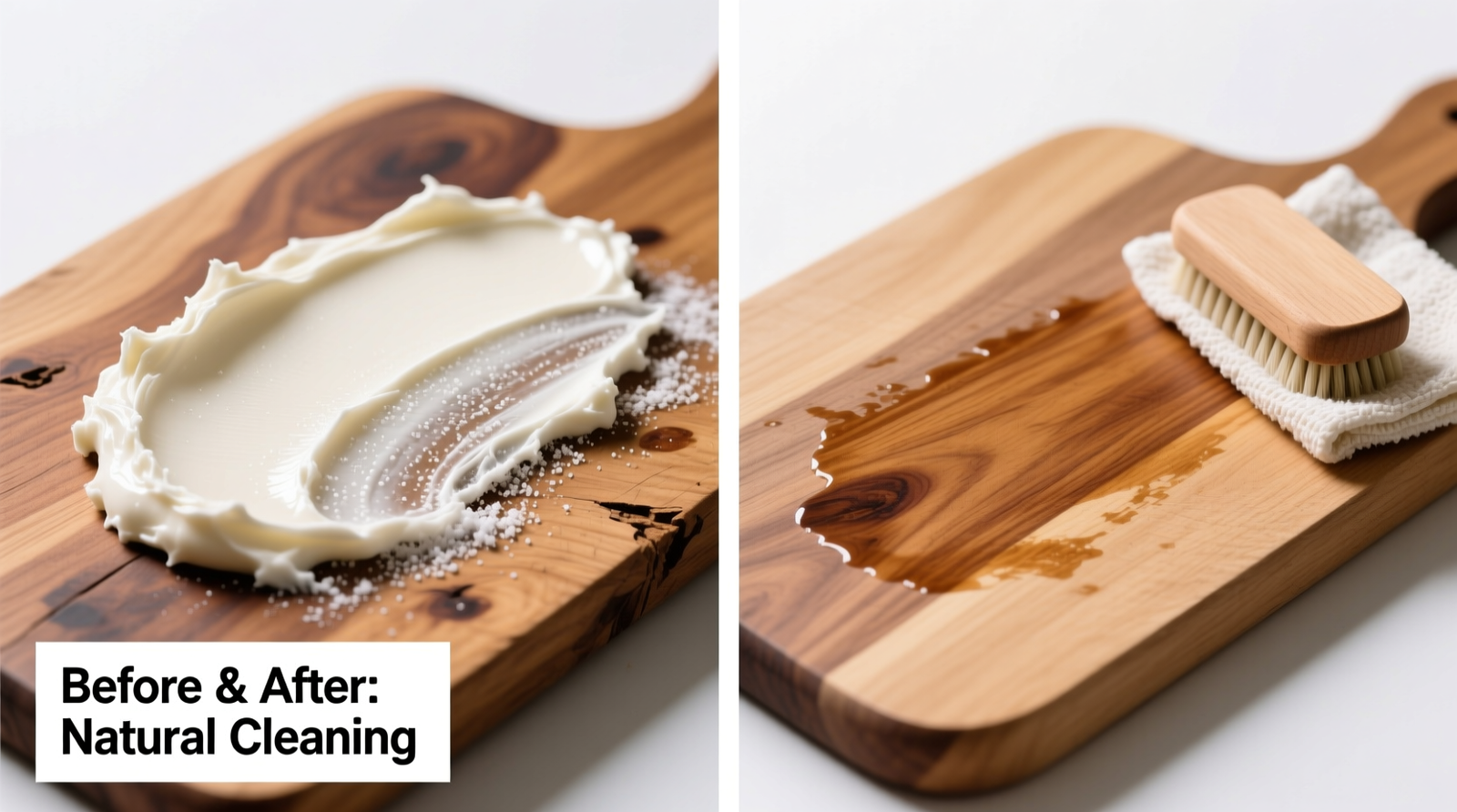 Side-by-side comparison: left panel shows coconut oil + baking soda paste applied to stained oak cutting board before wiping; right panel shows same board after gentle buffing with damp cloth—visible reduction in brown discoloration without surface dulling