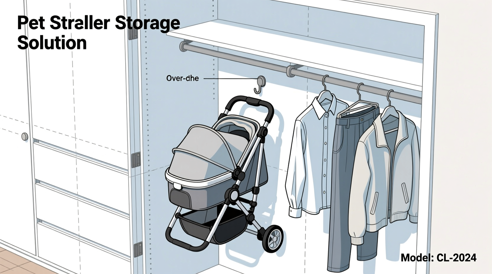 A narrow coat closet showing two black heavy-duty hooks mounted high on the rear wall, with a compact-folded pet stroller suspended by its rear axle and a soft-sided carrier draped neatly over both hooks; all coats remain fully visible and accessible on the front rod.