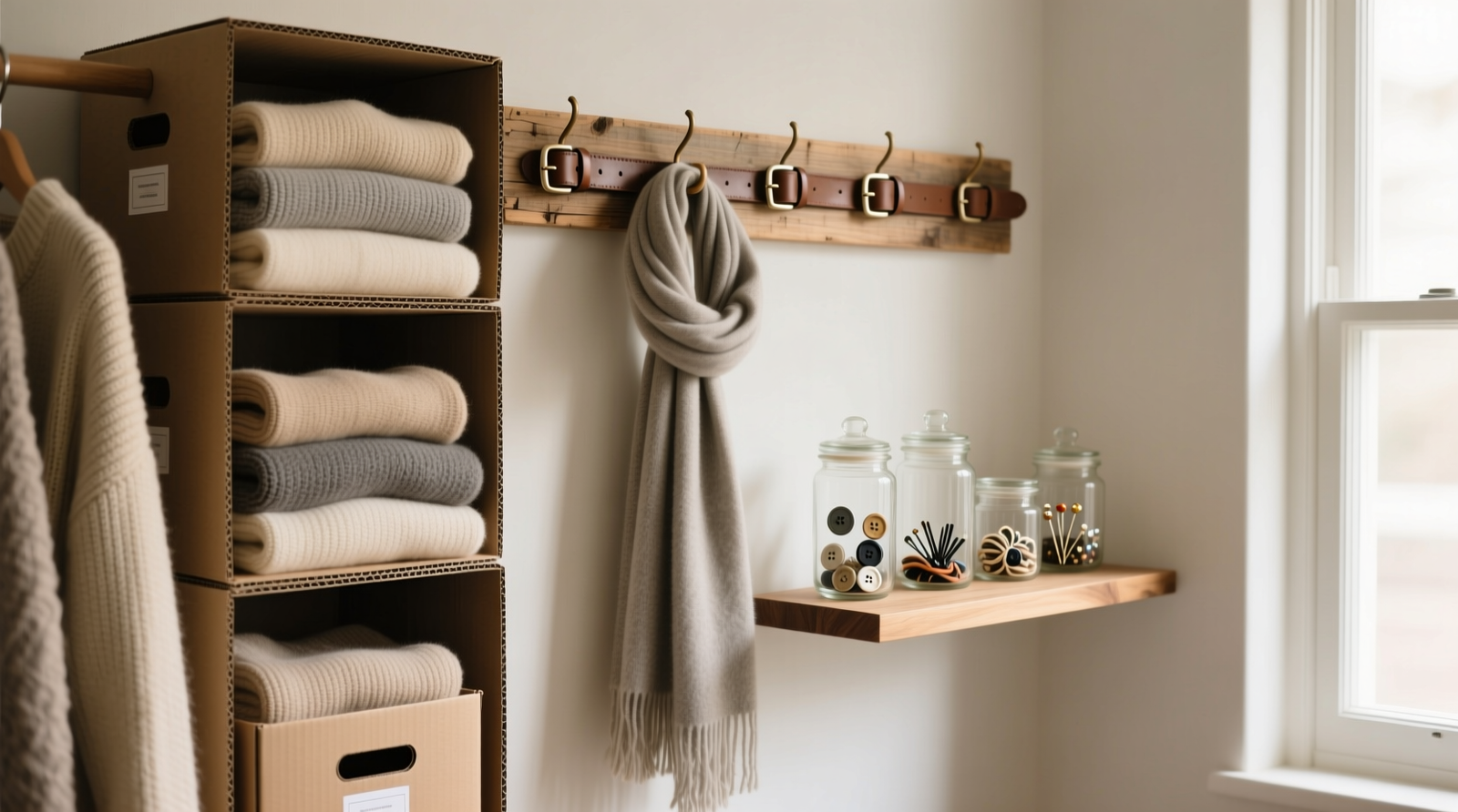 A well-organized closet showing vertical stacks of folded sweaters in repurposed cardboard boxes, hanging scarves looped over upcycled belt hooks, and clear glass jars holding small accessories on a shelf—no branded bins or labels visible