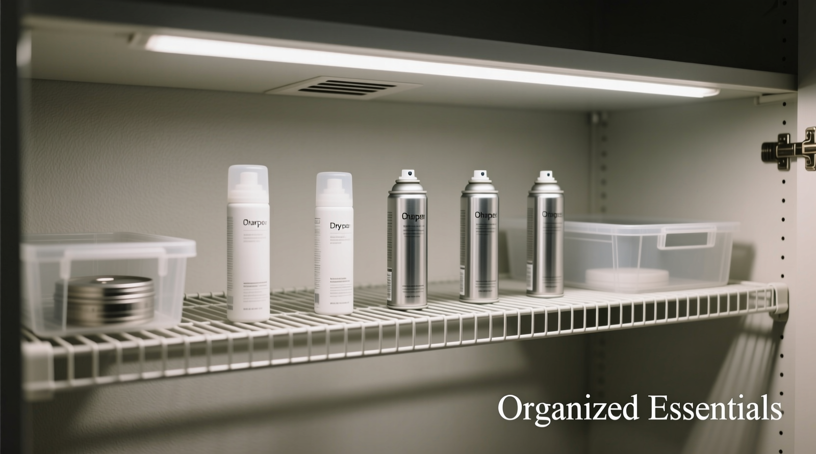 A well-organized closet lower shelf showing dry shampoos and aerosols standing upright on ventilated wire shelving, spaced evenly with no plastic bins or lids, beneath a shaded, unlit section away from any vent or light fixture