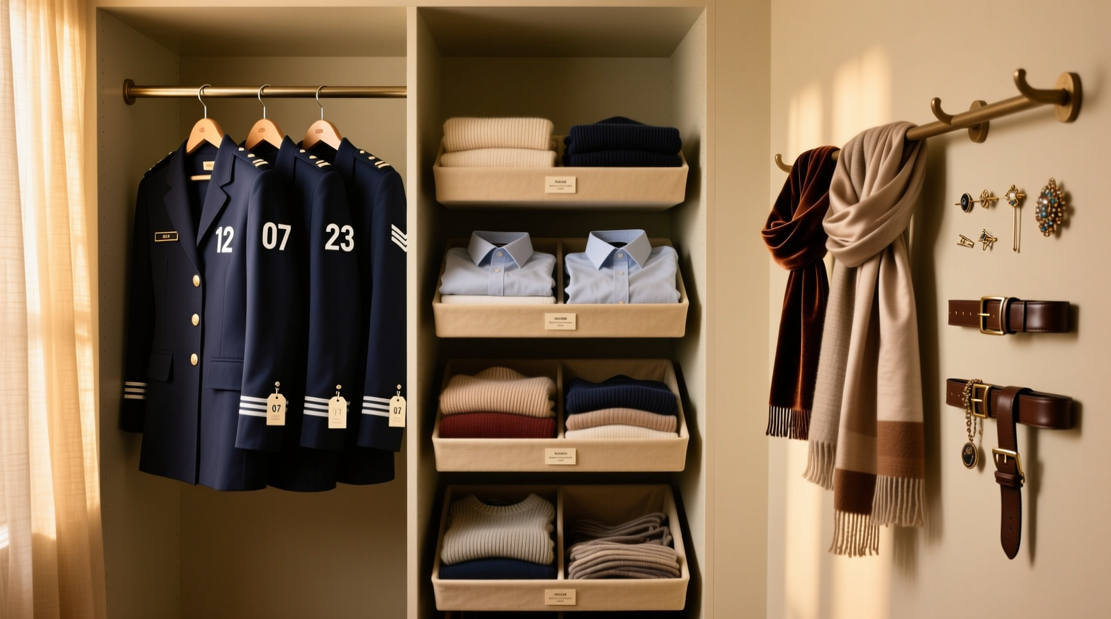 A narrow, floor-to-ceiling closet with three clearly demarcated vertical sections: left section shows identical navy uniforms on slim hangers with numbered tags; center section displays folded, color-coordinated personal layering pieces in shallow open bins; right section features a wall-mounted rack with scarves, pins, and belts arranged by texture and scale. All lighting is even, shadow-free, and warm-toned.
