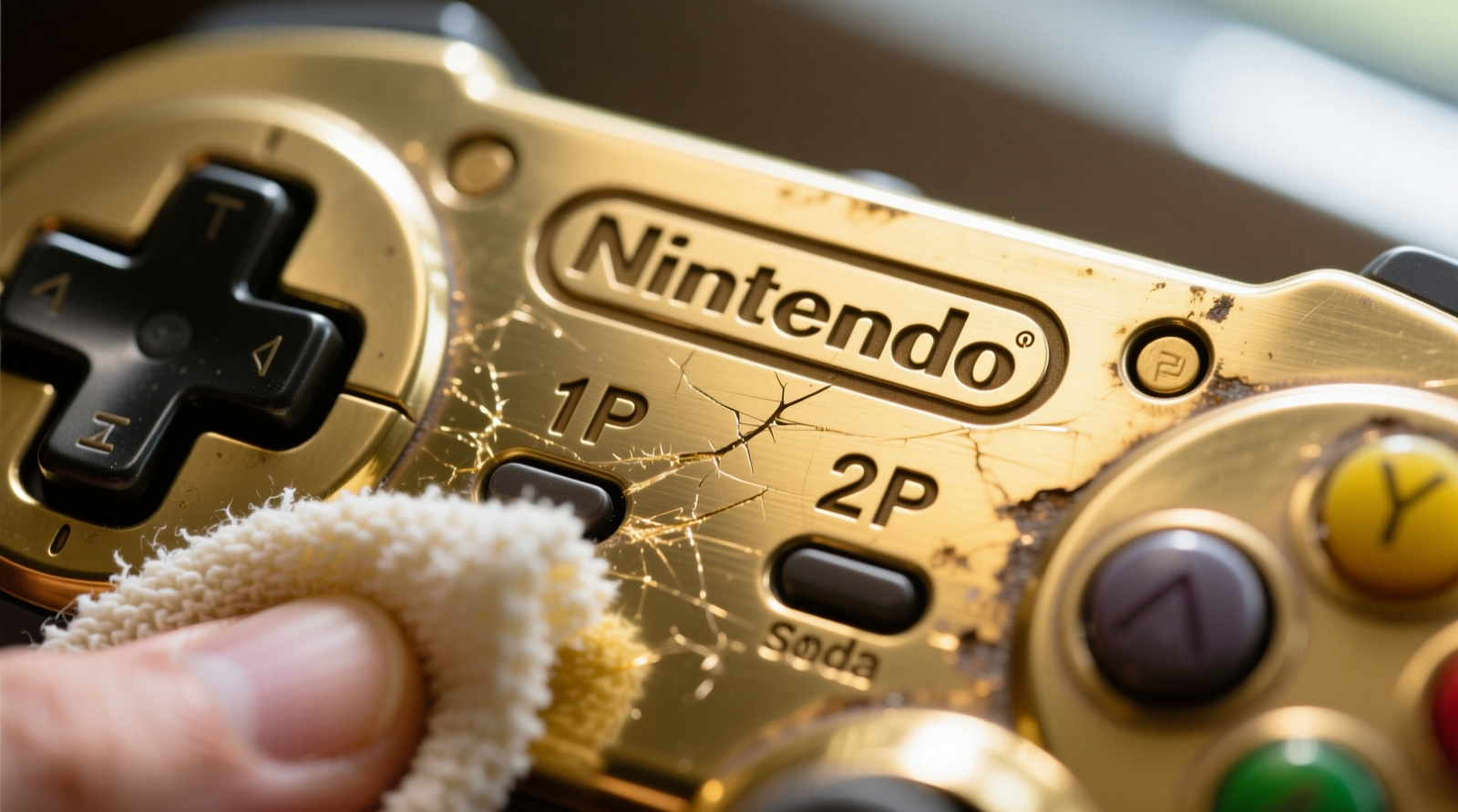Close-up photo of a vintage brass Nintendo controller faceplate being gently buffed with a microfiber cloth after lemon-baking soda treatment, showing restored luster in engraved lettering and smooth, scratch-free surfaces