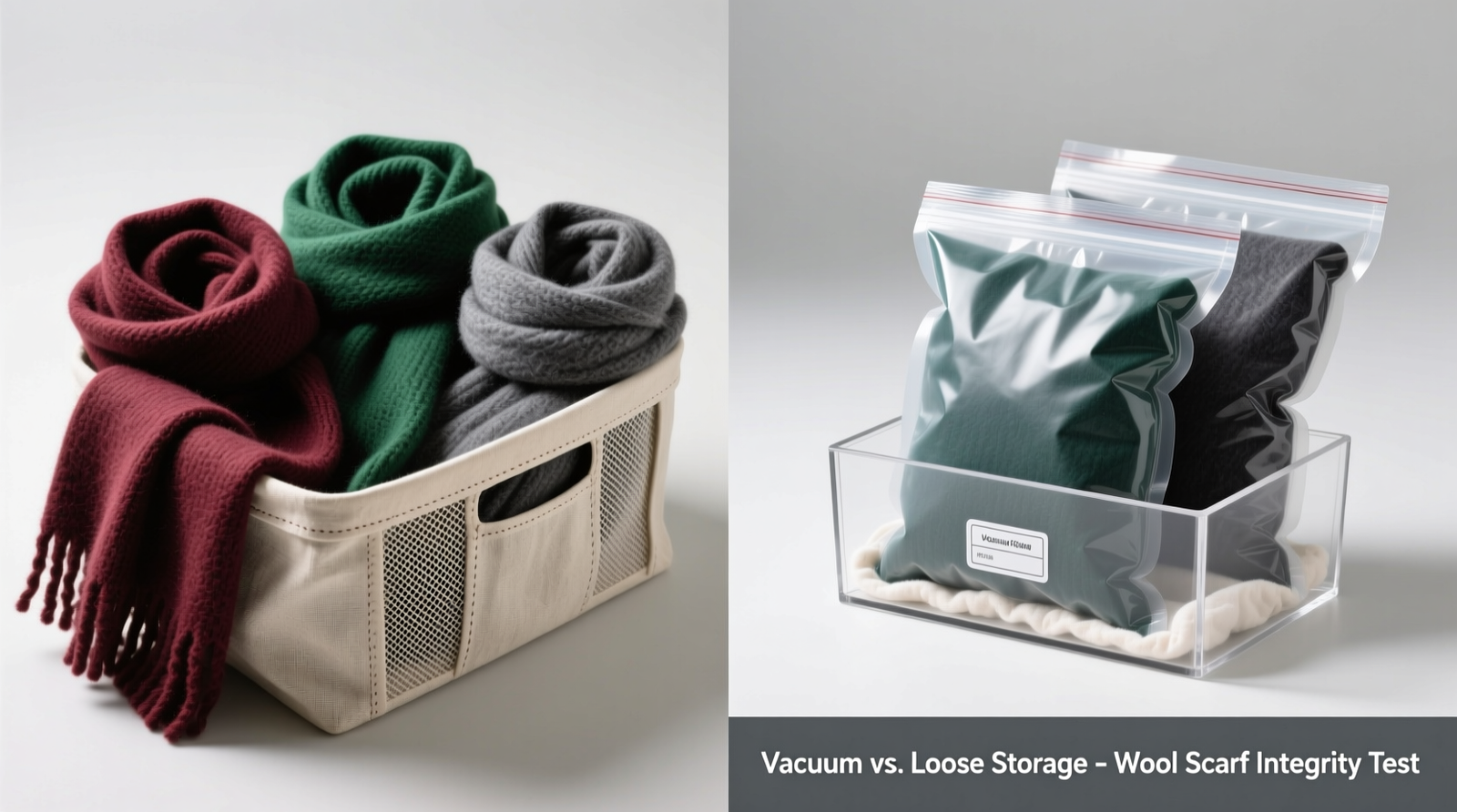 Side-by-side comparison: left shows three bulky wool scarves folded loosely in a ventilated linen bin; right shows same scarves in partial-vacuum bags with cotton liners, standing upright in a labeled shallow storage bin—no stacking, no creasing visible.