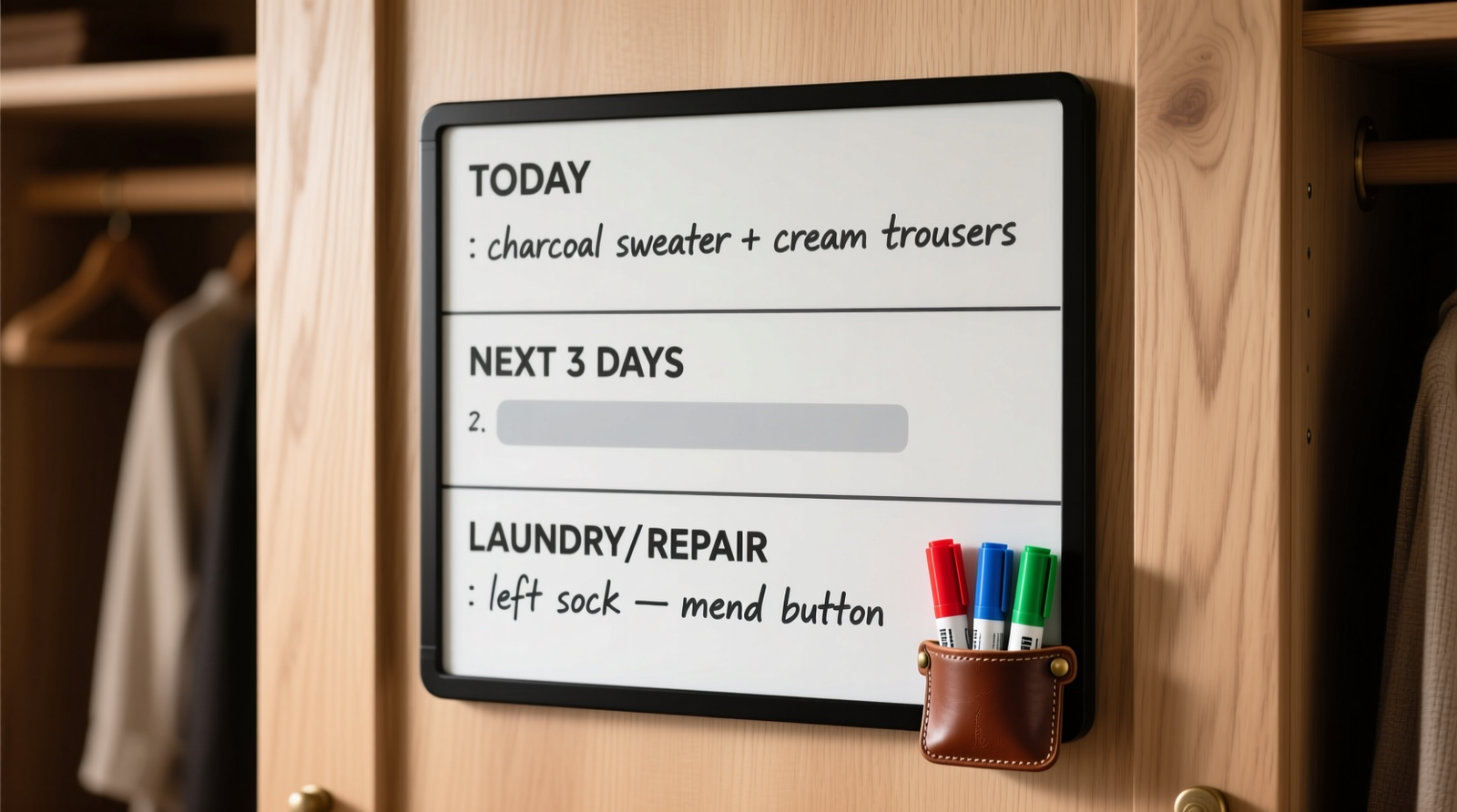 A minimalist closet whiteboard showing exactly three clean, handwritten outfits: 'Beige sweater + dark jeans + loafers', 'White shirt + navy skirt + ballet flats', 'Black turtleneck + gray trousers + ankle boots'—all written in uniform size, no decorations, with a small eraser resting beside it