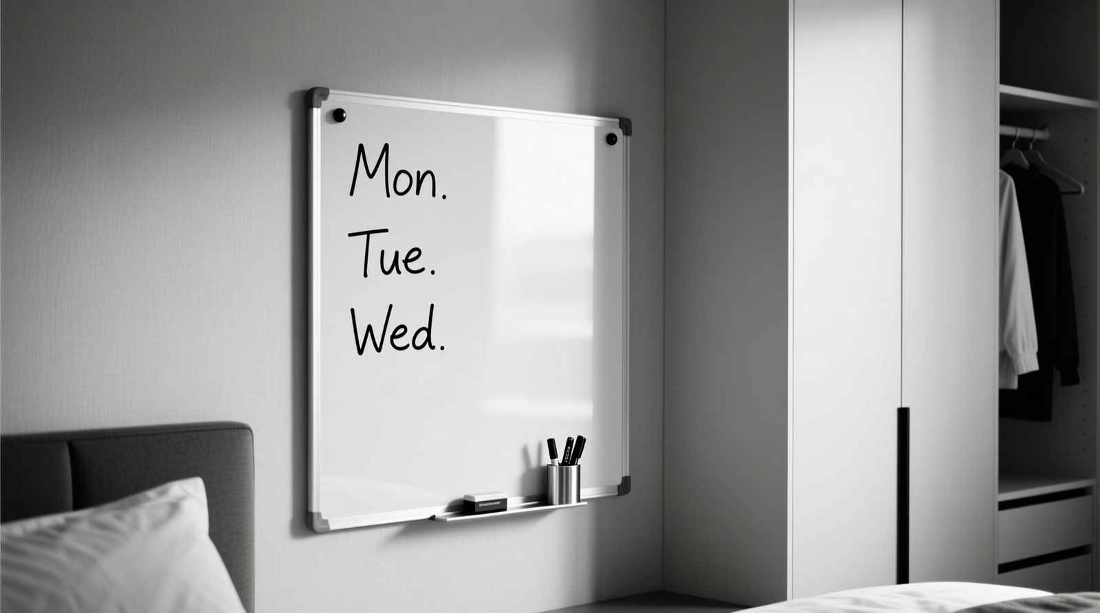 A minimalist whiteboard mounted beside a streamlined closet: only three neatly written outfits (Mon/Tue/Wed) in uniform black marker, with a small magnetic eraser and marker holder beneath. No text above waist level, no overlapping lines, no color coding.