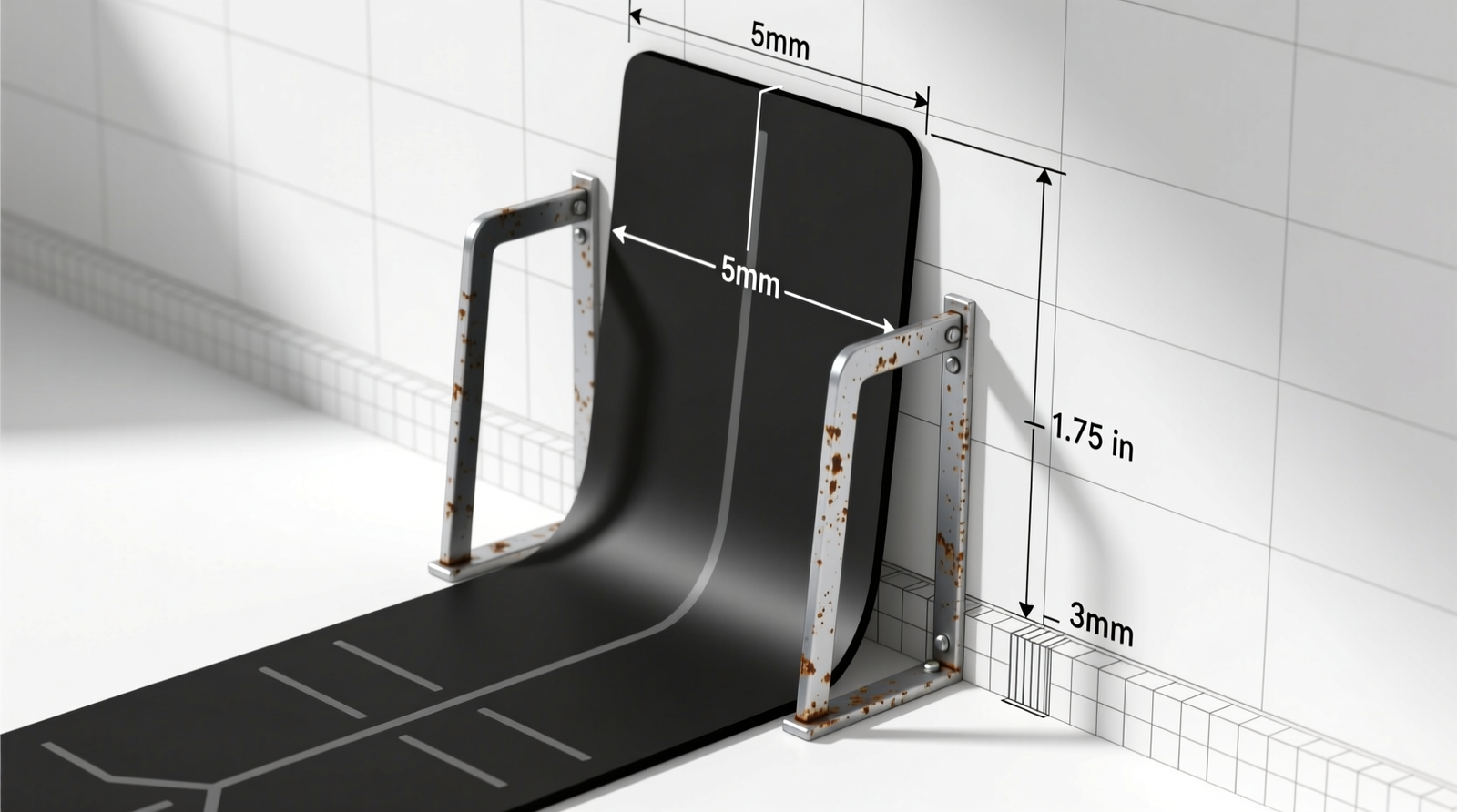 Close-up photo showing a 5mm natural rubber yoga mat resting horizontally across two angled, rubber-coated metal arms mounted on a white closet wall—mat is fully supported along its 24-inch width, no sagging or overhang visible