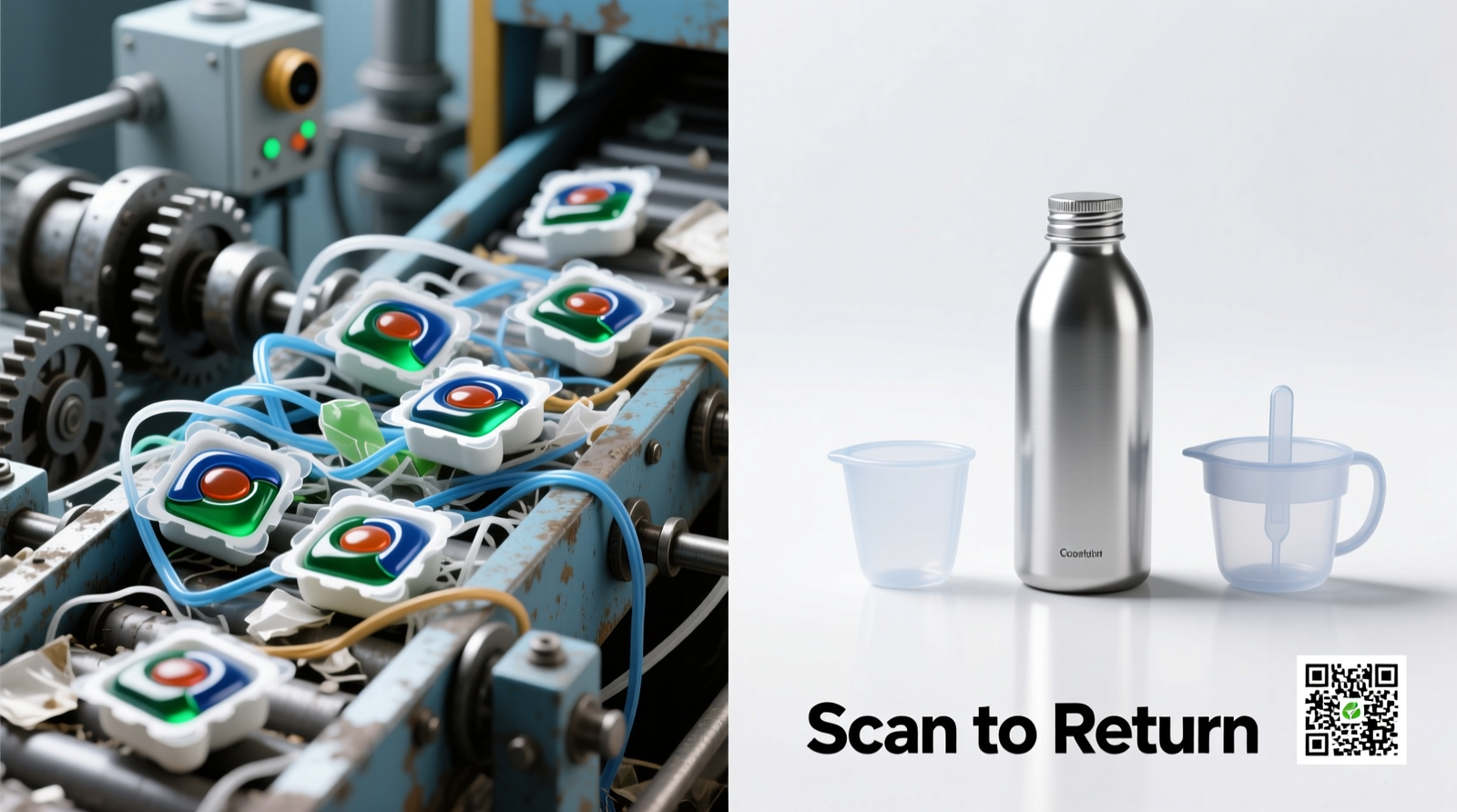 Side-by-side visual: left shows 12 discarded detergent pod trays tangled in sorting machinery; right shows a sleek aluminum refill bottle beside a reusable silicone dosing cup and a QR code linking to a brand's container return portal