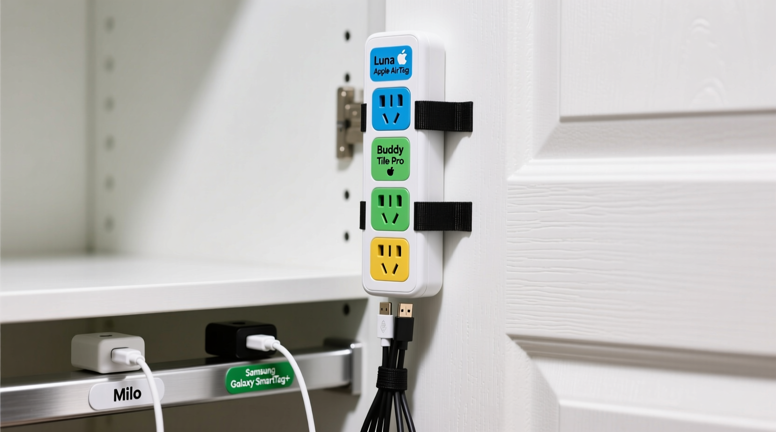Close-up photo showing a white interior closet door with a vertically mounted surge-protected power strip. Each of six outlets has a color-coded, laminated label (blue, green, yellow) identifying a pet's name and GPS device model. Neatly routed USB-C cables run downward into Velcro strap channels, ending at clearly visible charging docks on a lower shelf.