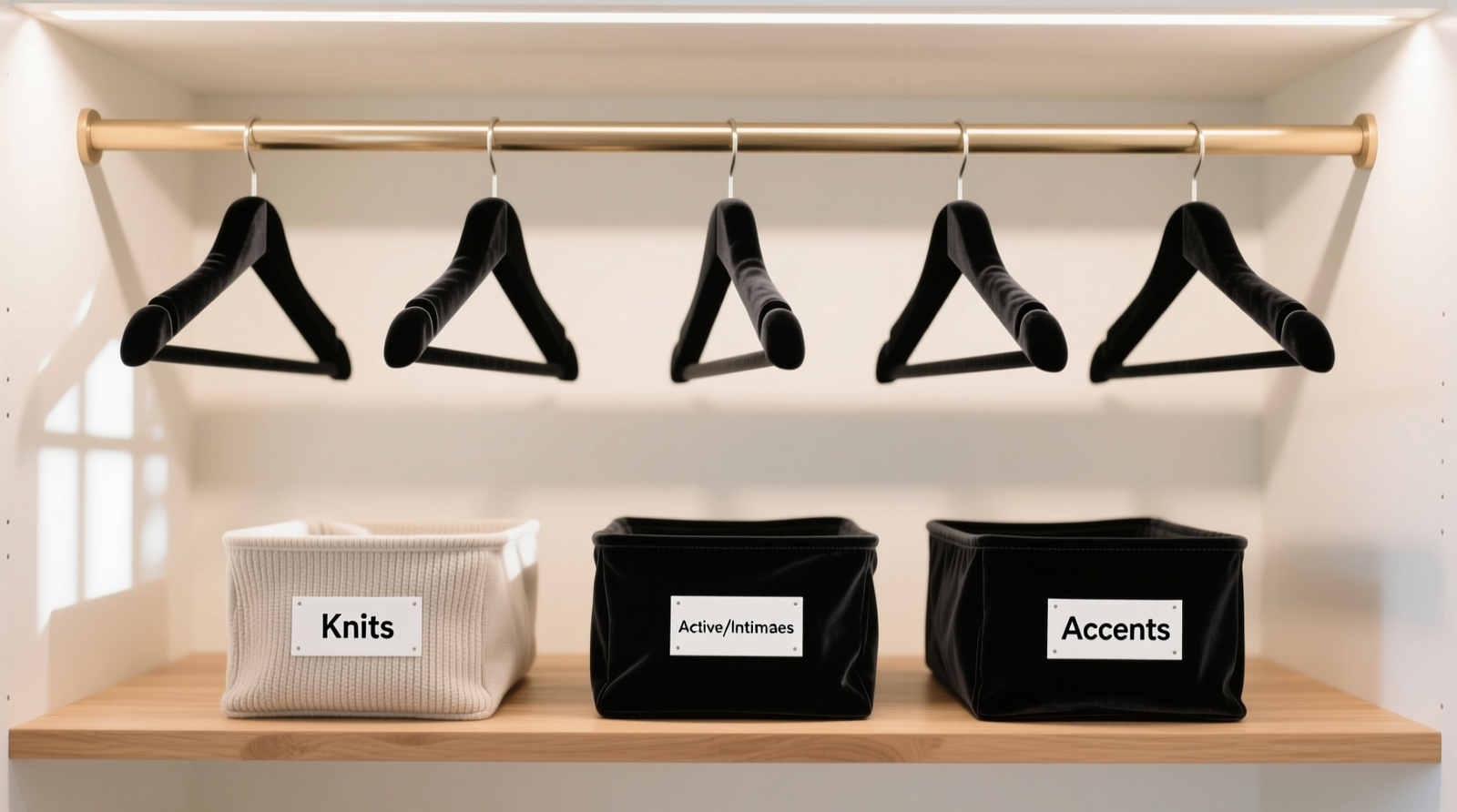 A clean, airy closet showing seven identical black velvet hangers evenly spaced on a single rod, with three labeled fabric bins—'Knits', 'Active/Intimates', 'Accents'—resting side-by-side on a low shelf beneath