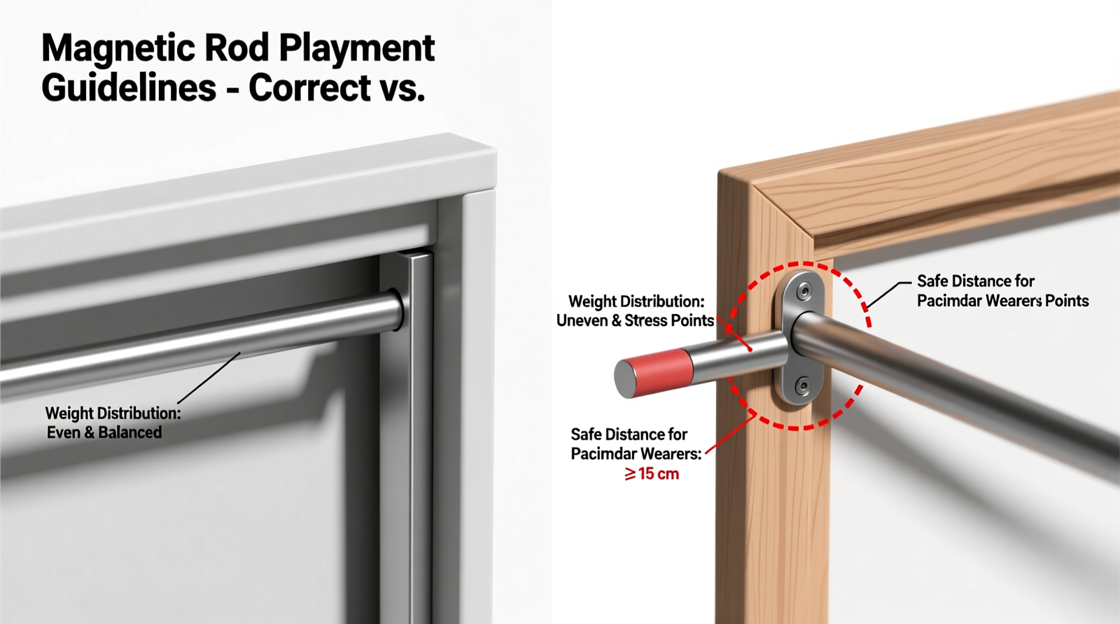 Side-by-side comparison showing correct magnetic rod placement on a steel closet door stile versus incorrect placement on a wooden frame, with labeled weight distribution and safe distance markers for pacemaker wearers