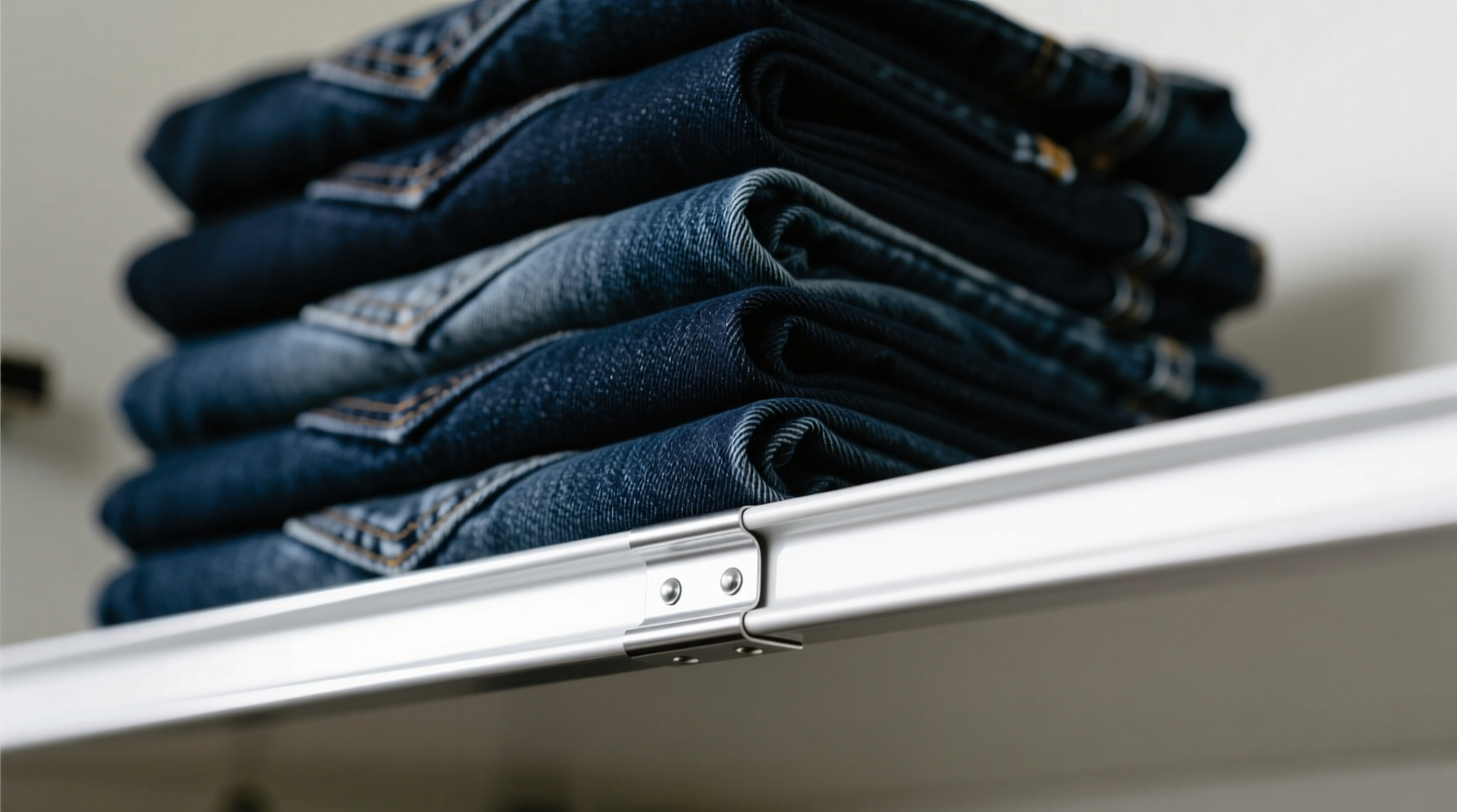 Close-up photo showing rigid aluminum shelf edging installed along the front edge of a white melamine closet shelf, with six neatly folded dark denim jeans stacked vertically behind it—no overhang, no tilt, crisp alignment