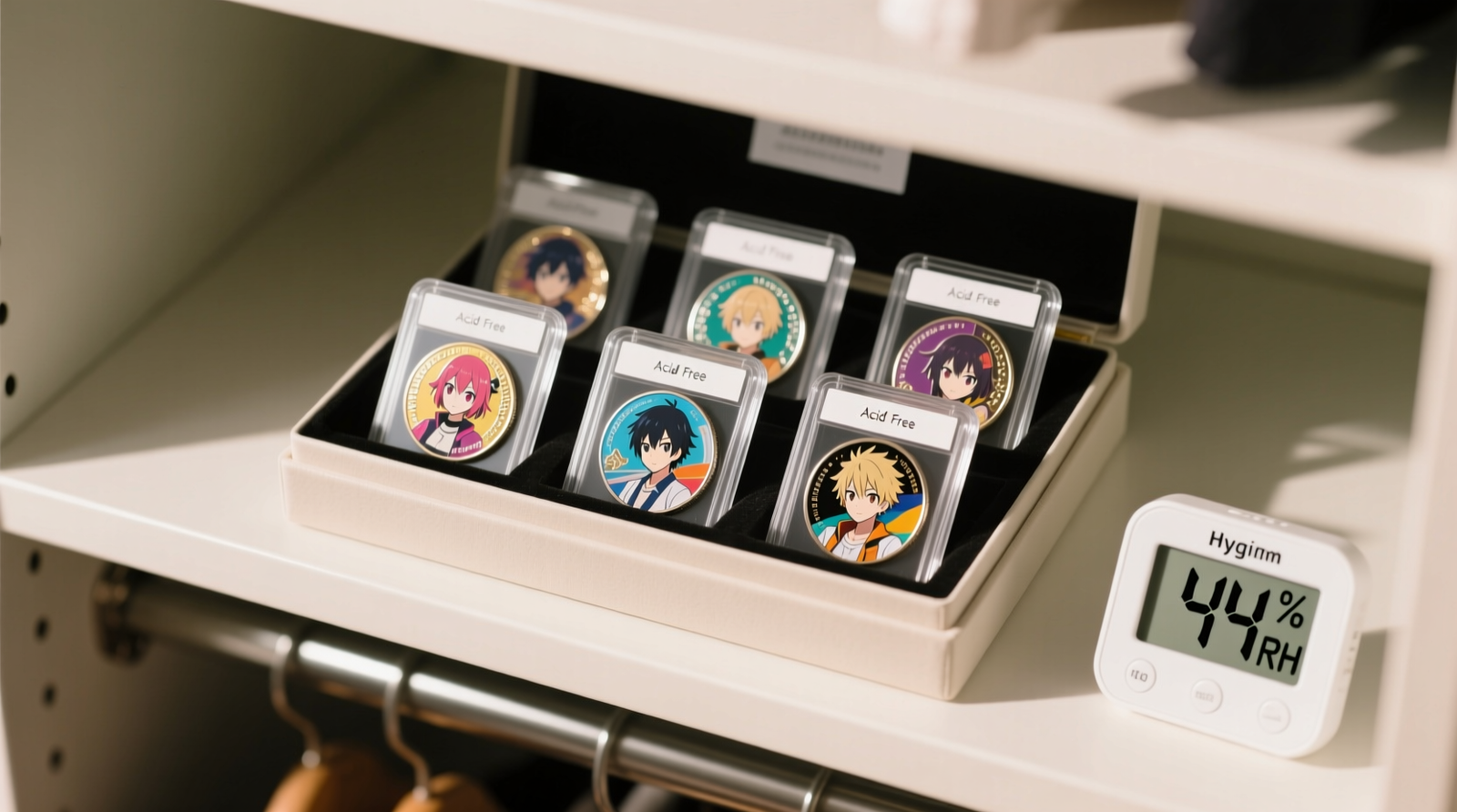 Top-down photo of five anime collectible coins, each sealed in clear, rigid polypropylene holders with white archival labels; arranged upright in a shallow, lidded acid-free box on a clean closet shelf beside a digital hygrometer showing 44% RH