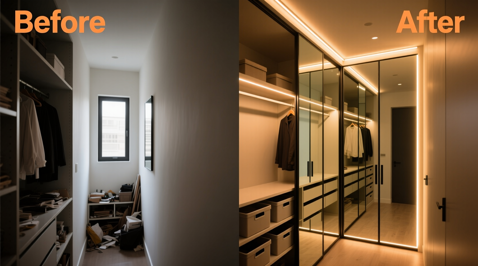 Side-by-side comparison showing a narrow, dim walk-in closet before and after installing frameless mirrored sliding doors, with warm LED strips glowing along the top track and clear reflection of interior shelving