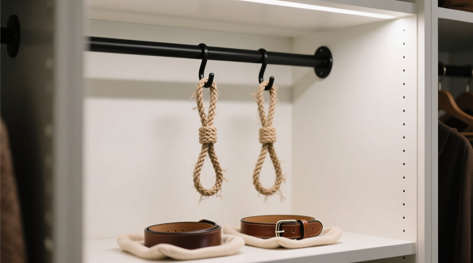 Close-up of a minimalist closet interior showing a matte black dual-hook rail mounted vertically on the inside of a white closet door, with two woven nylon leashes hanging neatly from downward-facing hooks and two leather collars resting in soft fabric loops just below
