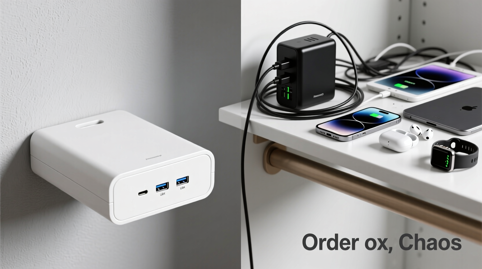Side-by-side photo showing a minimalist white closet shelf riser with subtle recessed USB-C and USB-A ports on its front-facing lower edge, contrasted with a cluttered top shelf holding a bulky black charging station surrounded by loose cables and half-charged devices